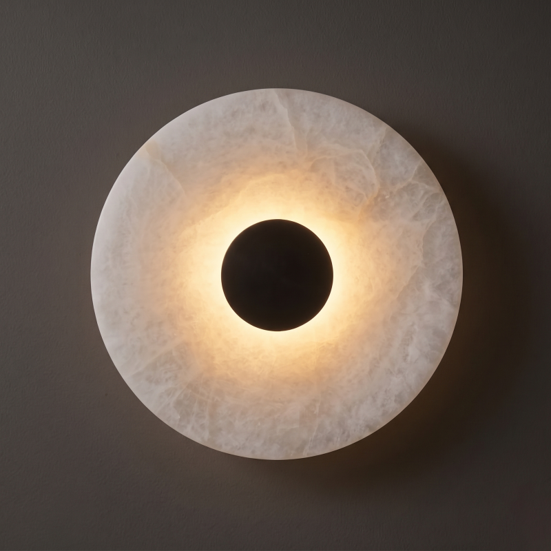 Hand-Carved Spanish Stone Sconce with Brass or Wood Frame – Natural Translucent Wall Light for Living Room & Hallway | Thomler