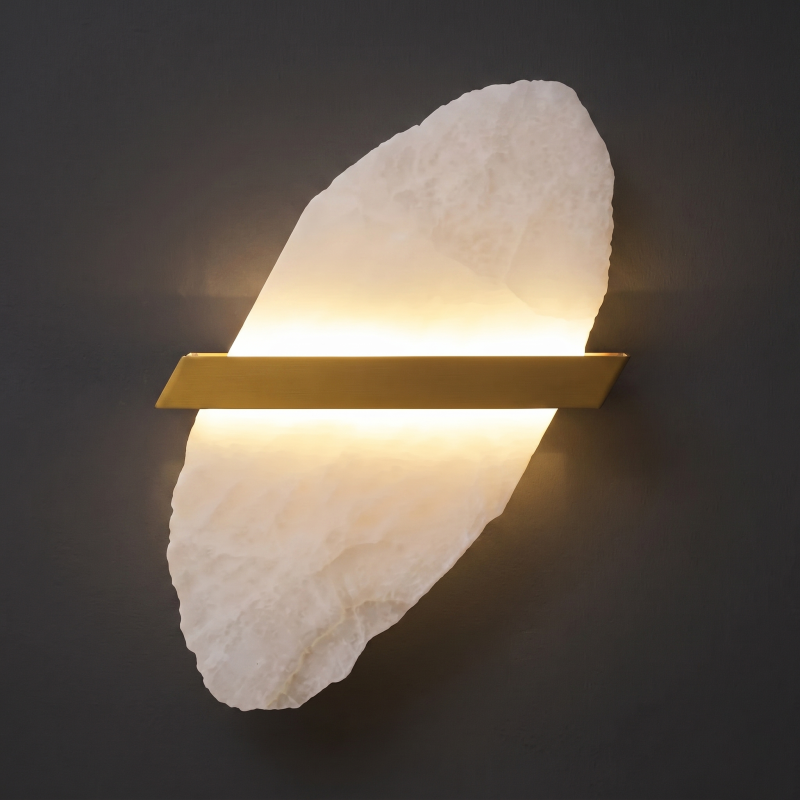 Hand-Carved Spanish Stone Sconce with Brass or Wood Frame – Natural Translucent Wall Light for Living Room & Hallway | Thomler