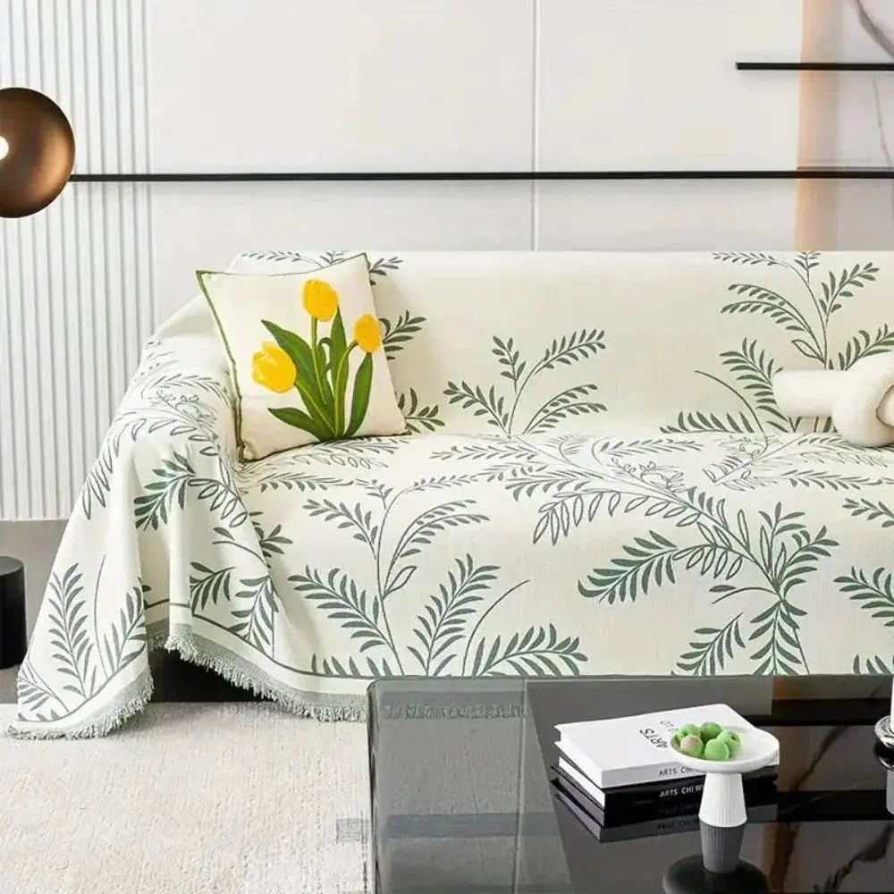 Chenille Jacquard Leaf Sofa Throw Blanket with Non-Slip Backing | Scratch-Resistant Textured Furniture Cover for Couch Protection | Thomler