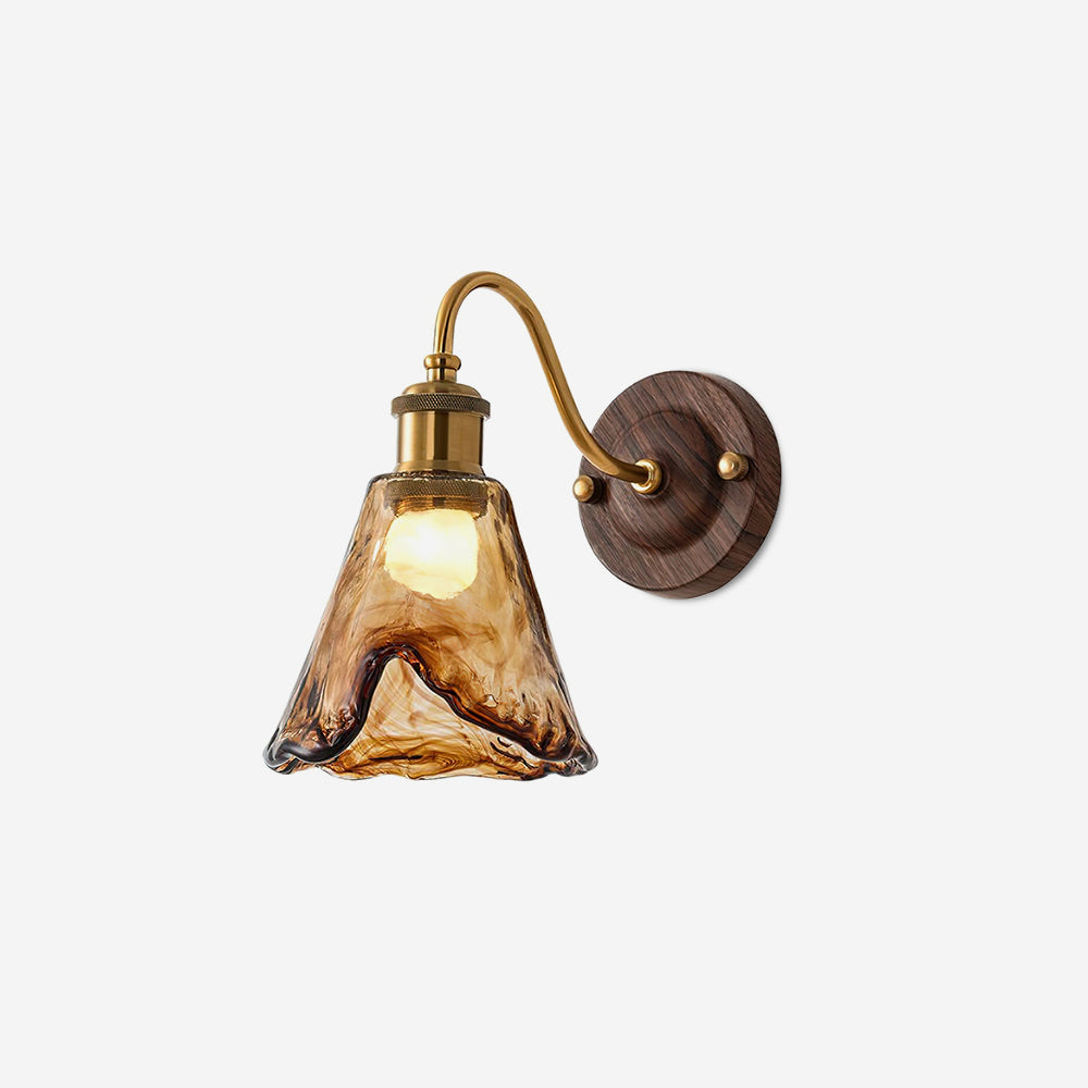 Vintage Amber Glass Wall Sconce with Wood-Tone Finish and Brass Accents | Thomler