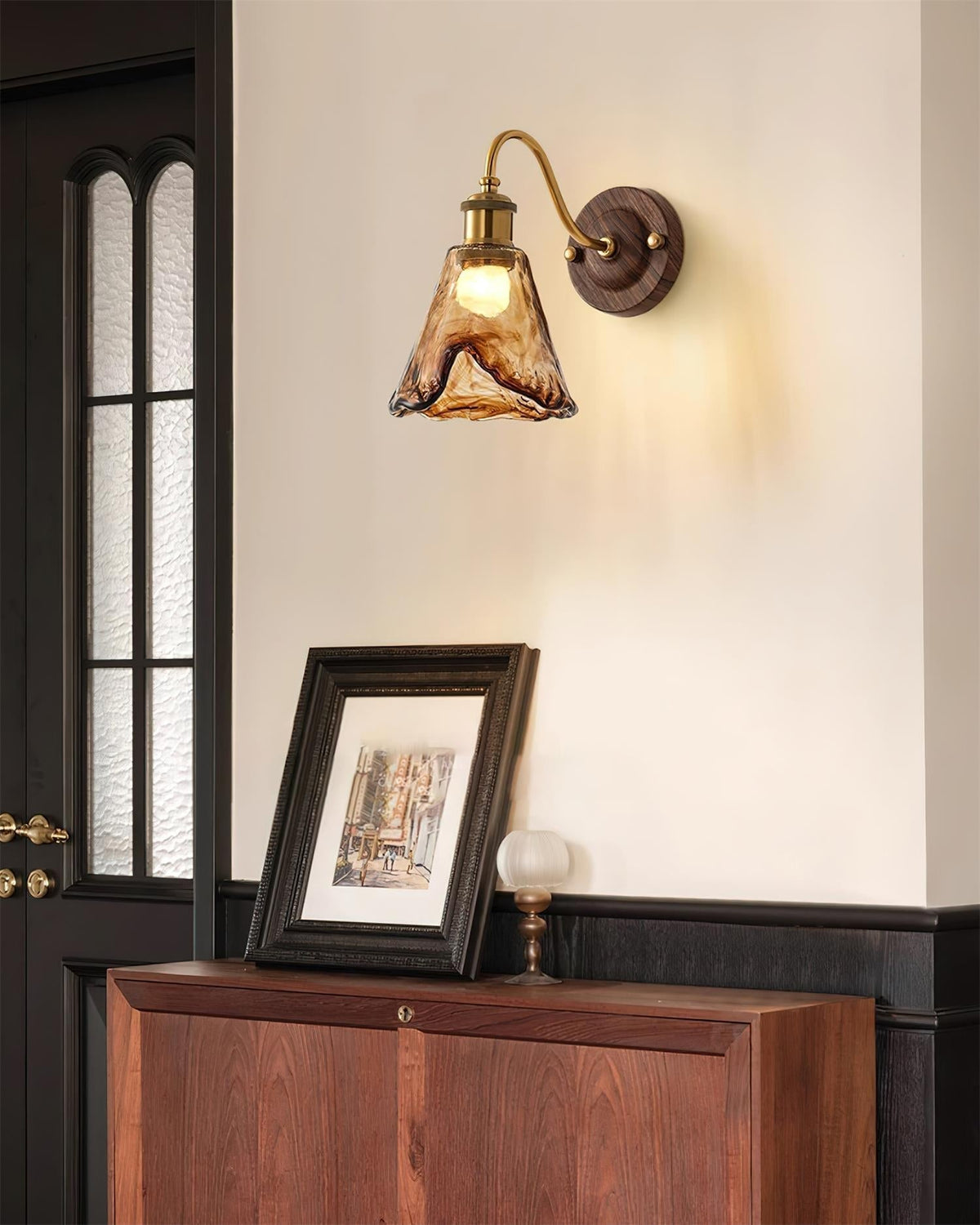 Vintage Amber Glass Wall Sconce with Wood-Tone Finish and Brass Accents | Thomler