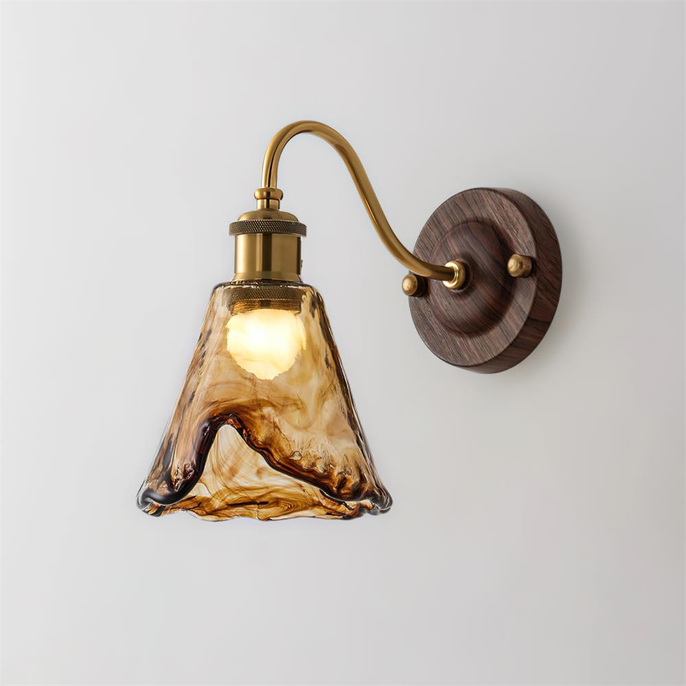 Vintage Amber Glass Wall Sconce with Wood-Tone Finish and Brass Accents | Thomler