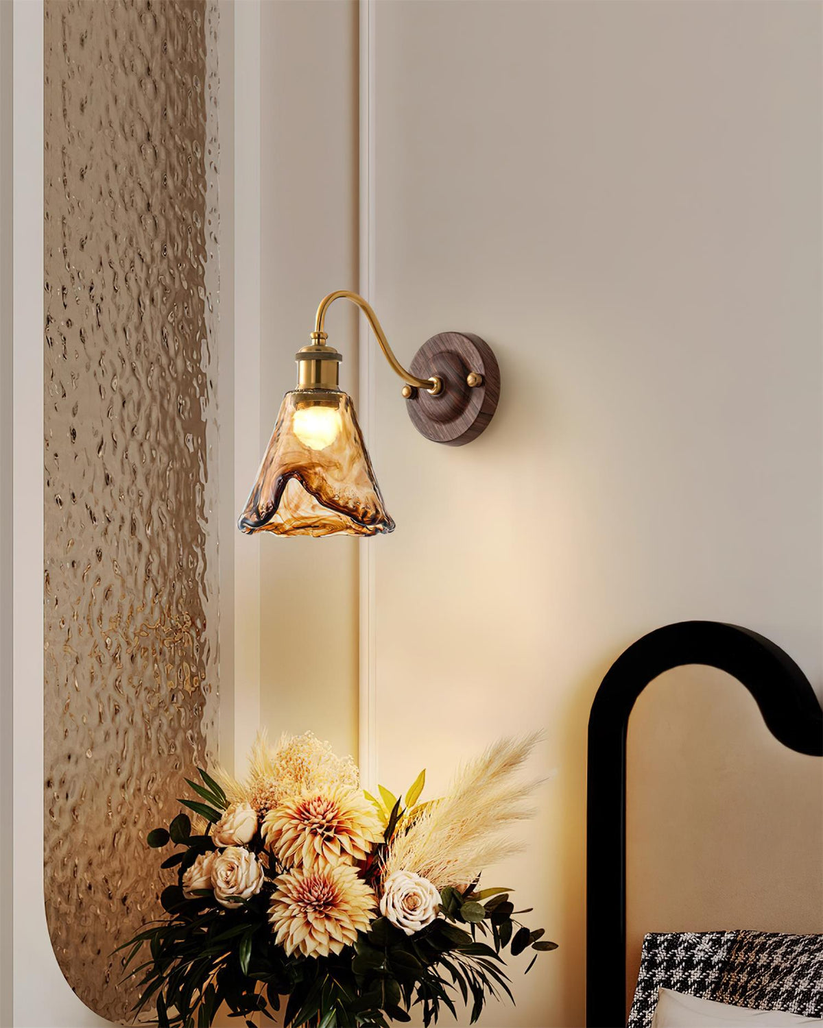 Vintage Amber Glass Wall Sconce with Wood-Tone Finish and Brass Accents | Thomler