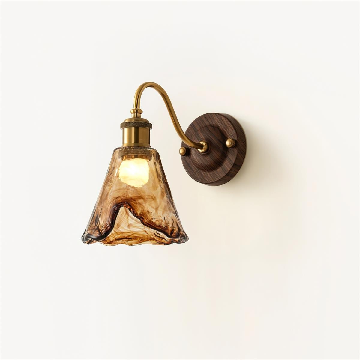 Vintage Amber Glass Wall Sconce with Wood-Tone Finish and Brass Accents | Thomler