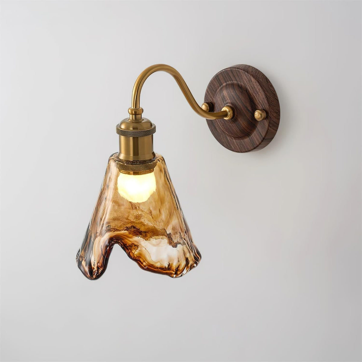 Vintage Amber Glass Wall Sconce with Wood-Tone Finish and Brass Accents | Thomler