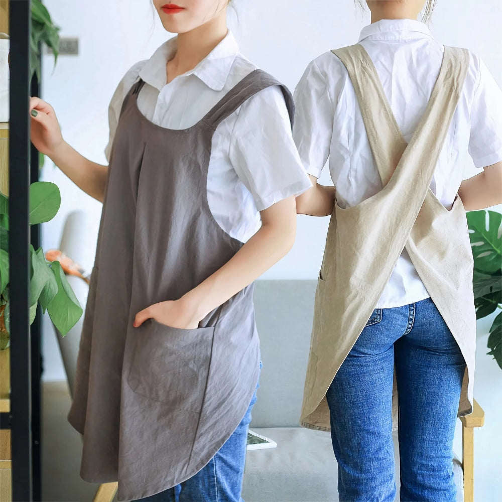 Cross-Back Cotton Apron Dress with Pockets for Kitchen, Baking & Gardening | Relaxed Fit Smock for Women | Machine Washable Crafting Coverup | Thomler