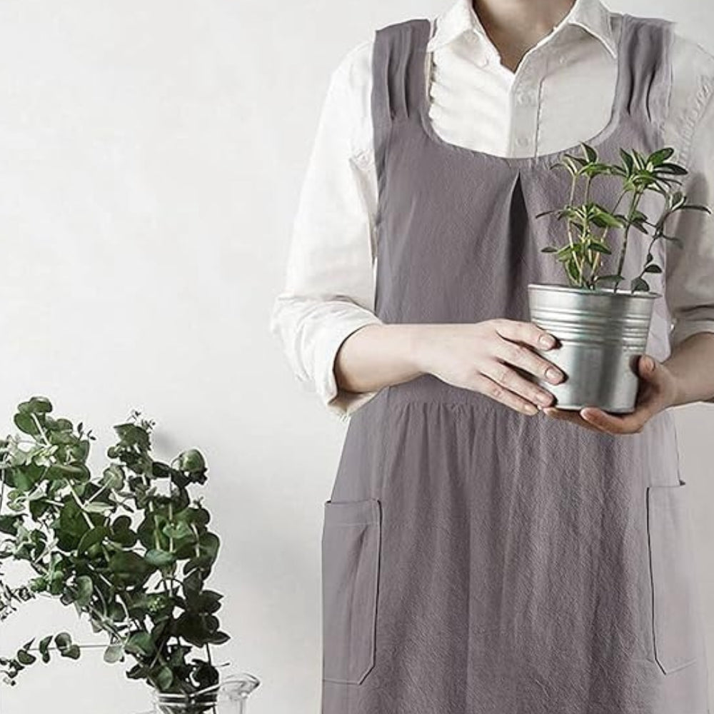 Cross-Back Cotton Apron Dress with Pockets for Kitchen, Baking & Gardening | Relaxed Fit Smock for Women | Machine Washable Crafting Coverup | Thomler