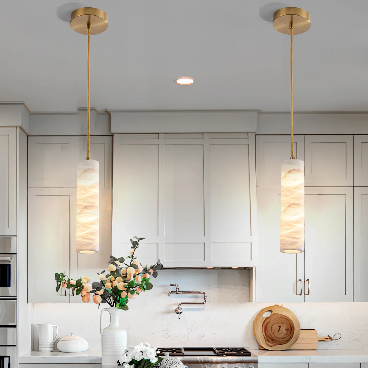 Hanging Marble Cylinder Light Fixture with Brass Hardware for Dining & Bedroom | Thomler