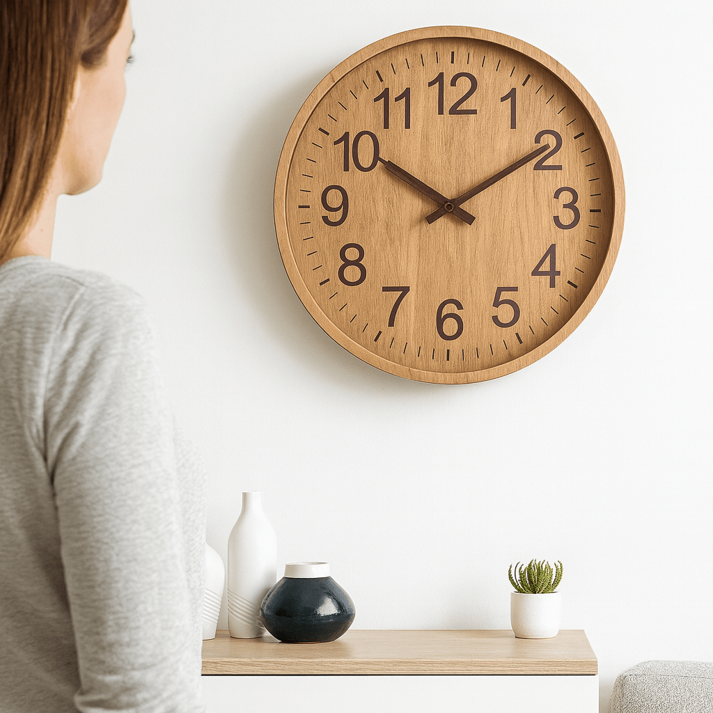 Whisper-Quiet Wood Circle Clock – 12-Inch Natural Grain Timepiece with Noiseless Sweep Hand for Bedroom, Office & Living Room Walls | Thomler