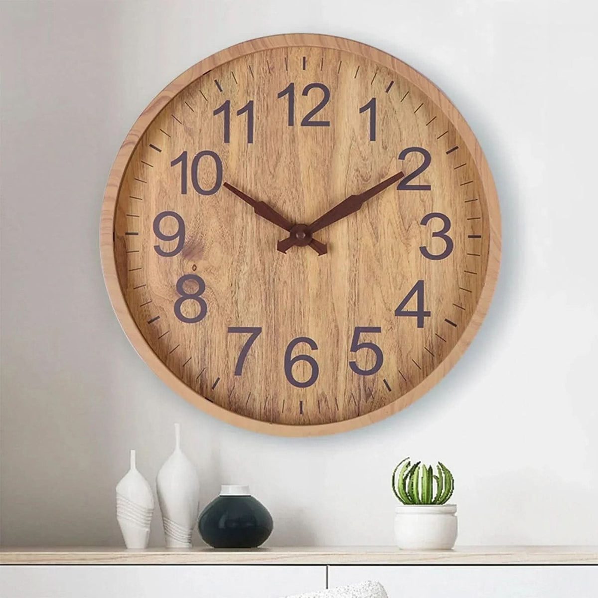 Whisper-Quiet Wood Circle Clock – 12-Inch Natural Grain Timepiece with Noiseless Sweep Hand for Bedroom, Office & Living Room Walls | Thomler