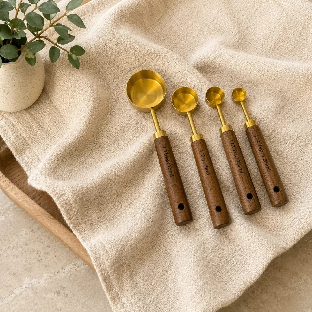 Acacia Handle Measuring Spoons & Cups – Stainless Steel Kitchen Utensil Set with Wooden Grip for Baking Prep, Cooking Ingredients & Recipe | Thomler