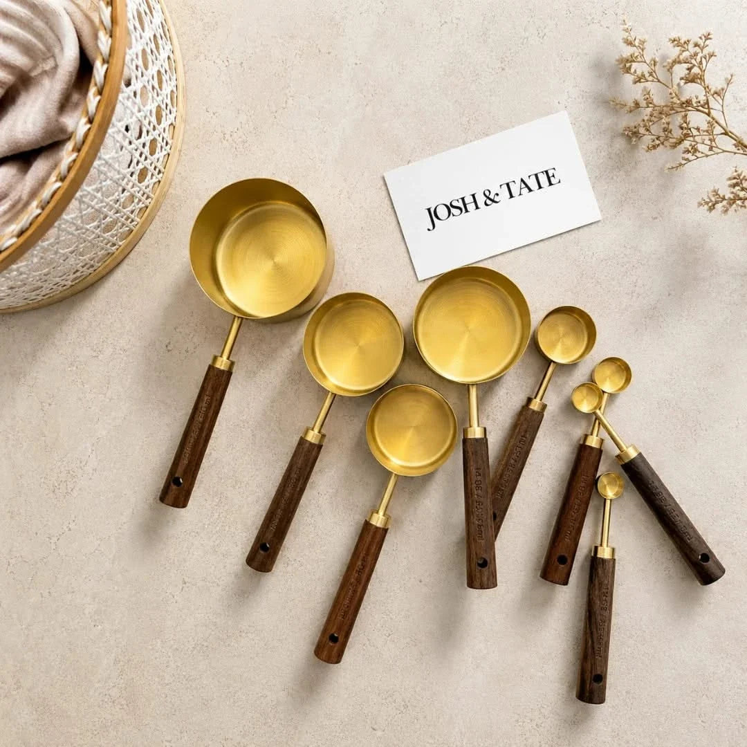 Acacia Handle Measuring Spoons & Cups – Stainless Steel Kitchen Utensil Set with Wooden Grip for Baking Prep, Cooking Ingredients & Recipe | Thomler