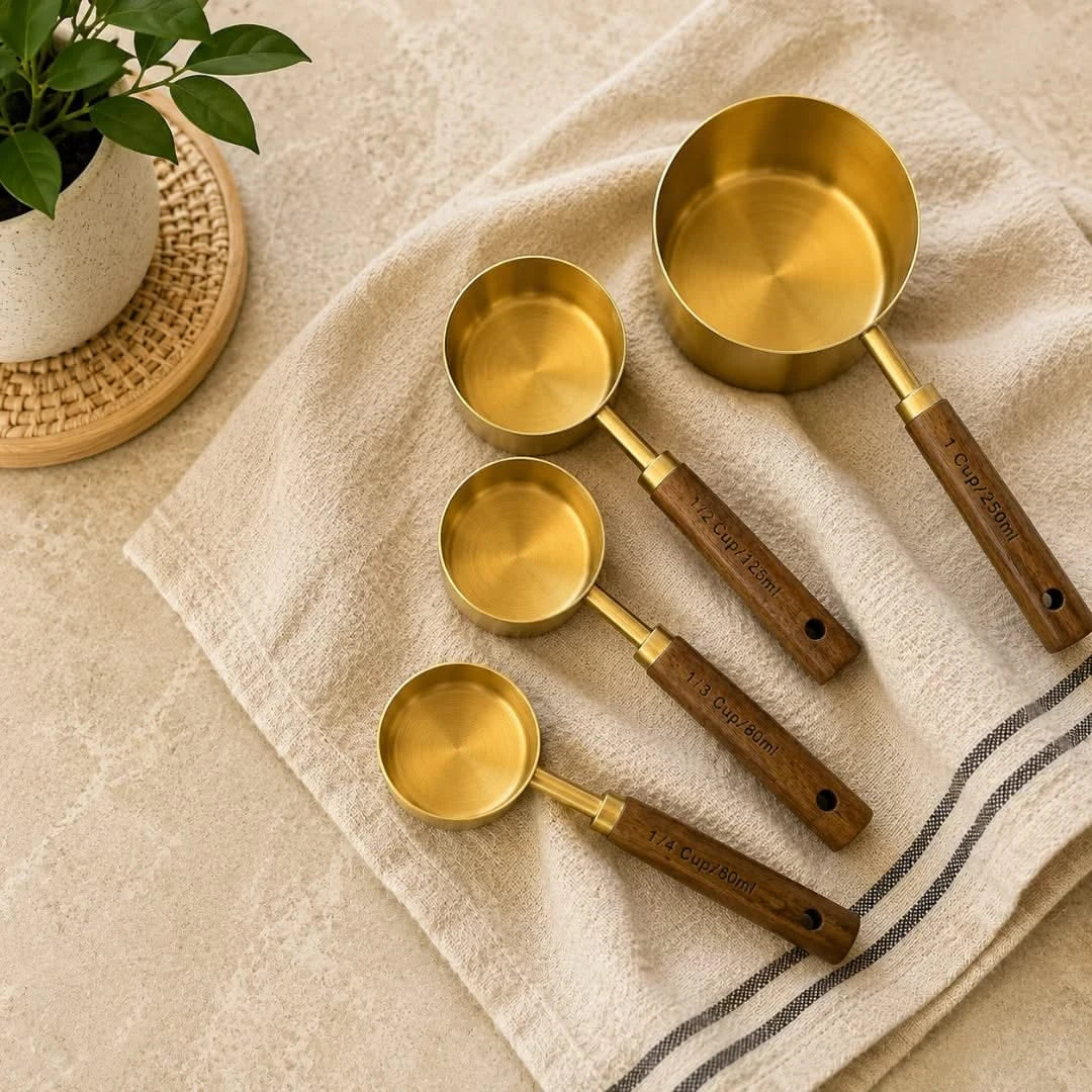 Acacia Handle Measuring Spoons & Cups – Stainless Steel Kitchen Utensil Set with Wooden Grip for Baking Prep, Cooking Ingredients & Recipe | Thomler