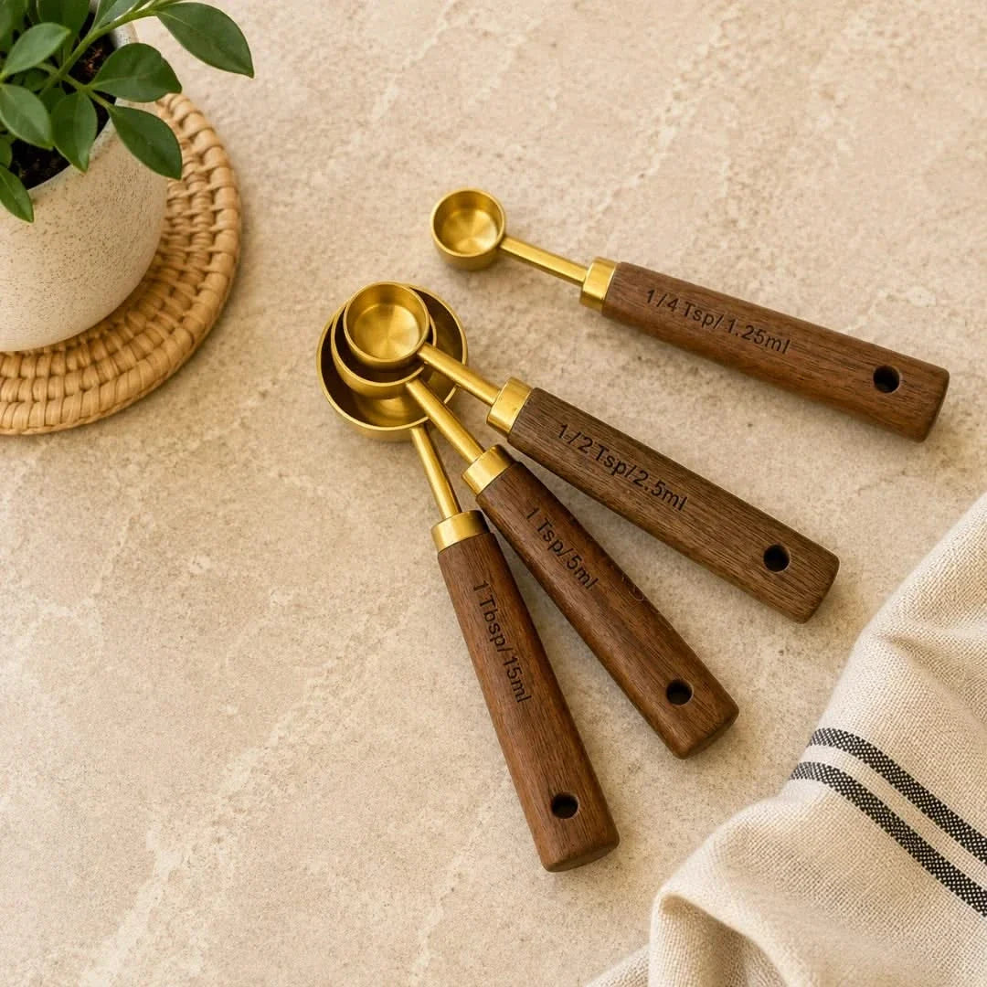 Acacia Handle Measuring Spoons & Cups – Stainless Steel Kitchen Utensil Set with Wooden Grip for Baking Prep, Cooking Ingredients & Recipe | Thomler