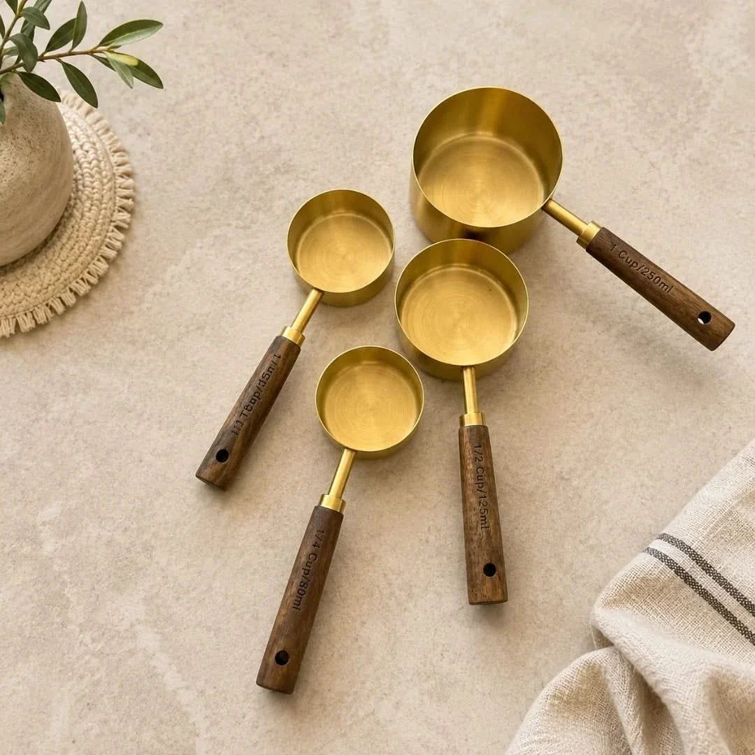 Acacia Handle Measuring Spoons & Cups – Stainless Steel Kitchen Utensil Set with Wooden Grip for Baking Prep, Cooking Ingredients & Recipe | Thomler