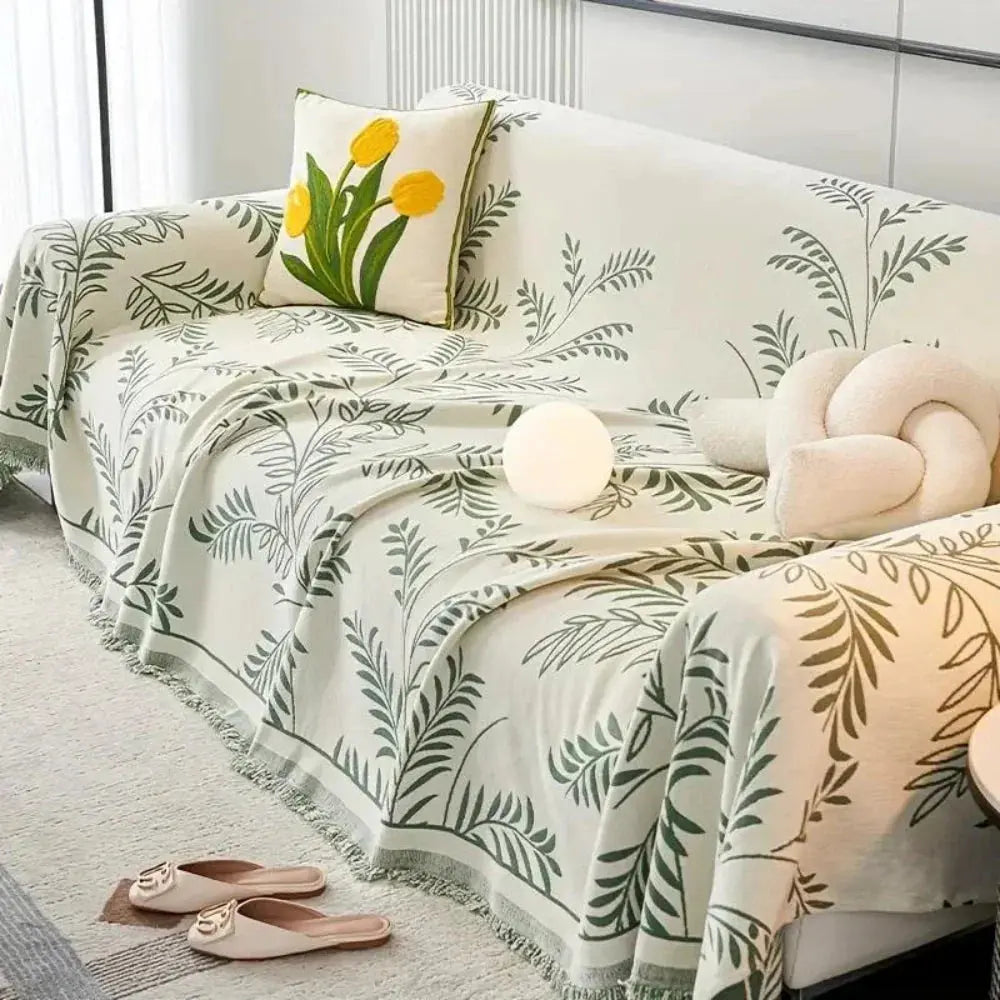 Chenille Jacquard Leaf Sofa Throw Blanket with Non-Slip Backing | Scratch-Resistant Textured Furniture Cover for Couch Protection | Thomler
