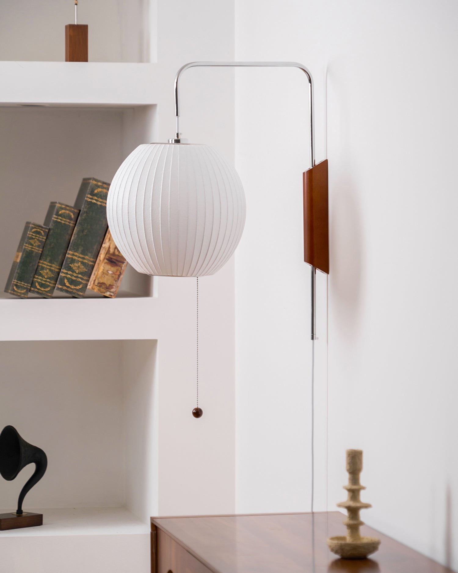 Wall Lamp Walnut Opal Shade 40.0 cm White Bedroom Living Room Plug In Reading Light Japandi Mid Century Accent Lighting | Thomler