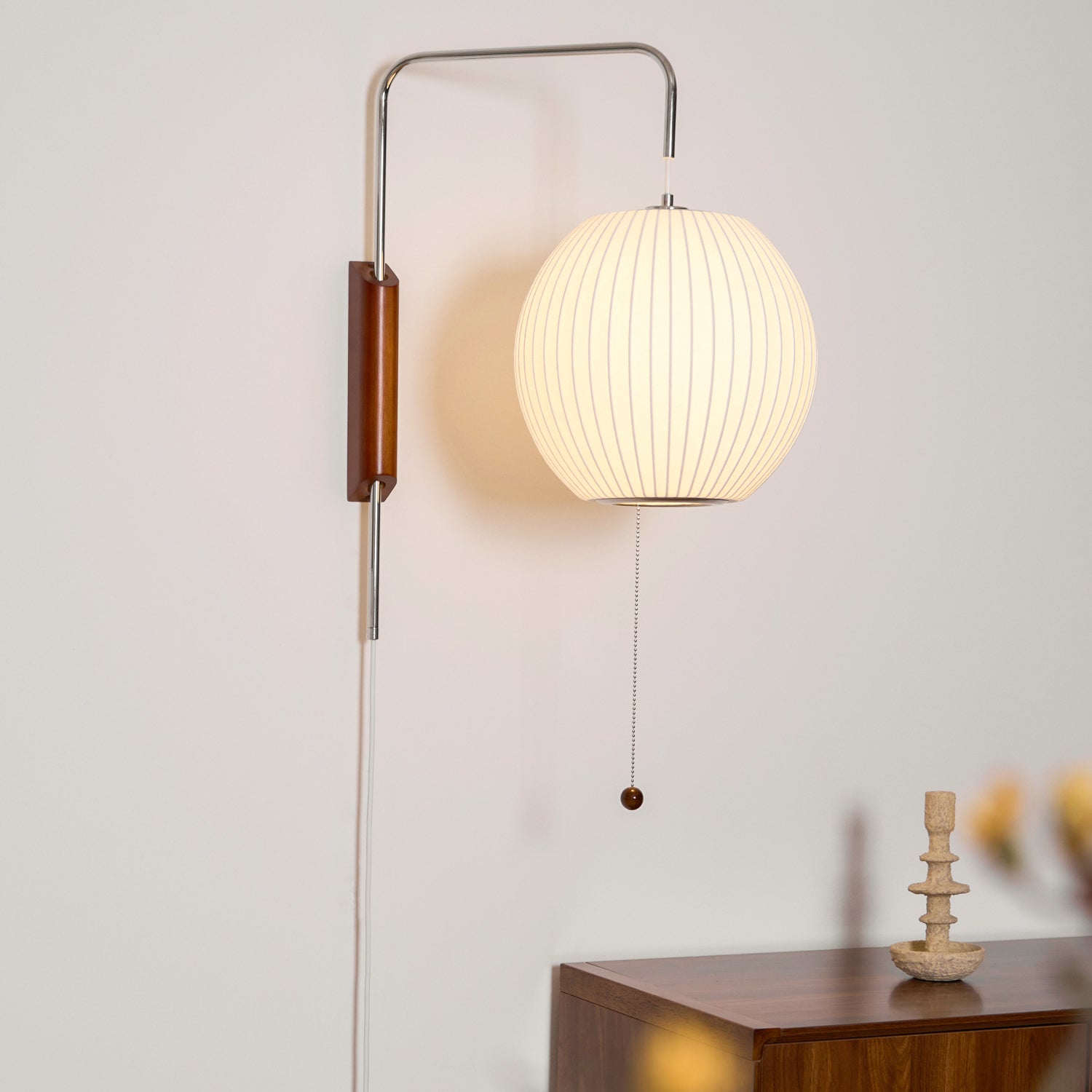 Wall Lamp Walnut Opal Shade 40.0 cm White Bedroom Living Room Plug In Reading Light Japandi Mid Century Accent Lighting | Thomler
