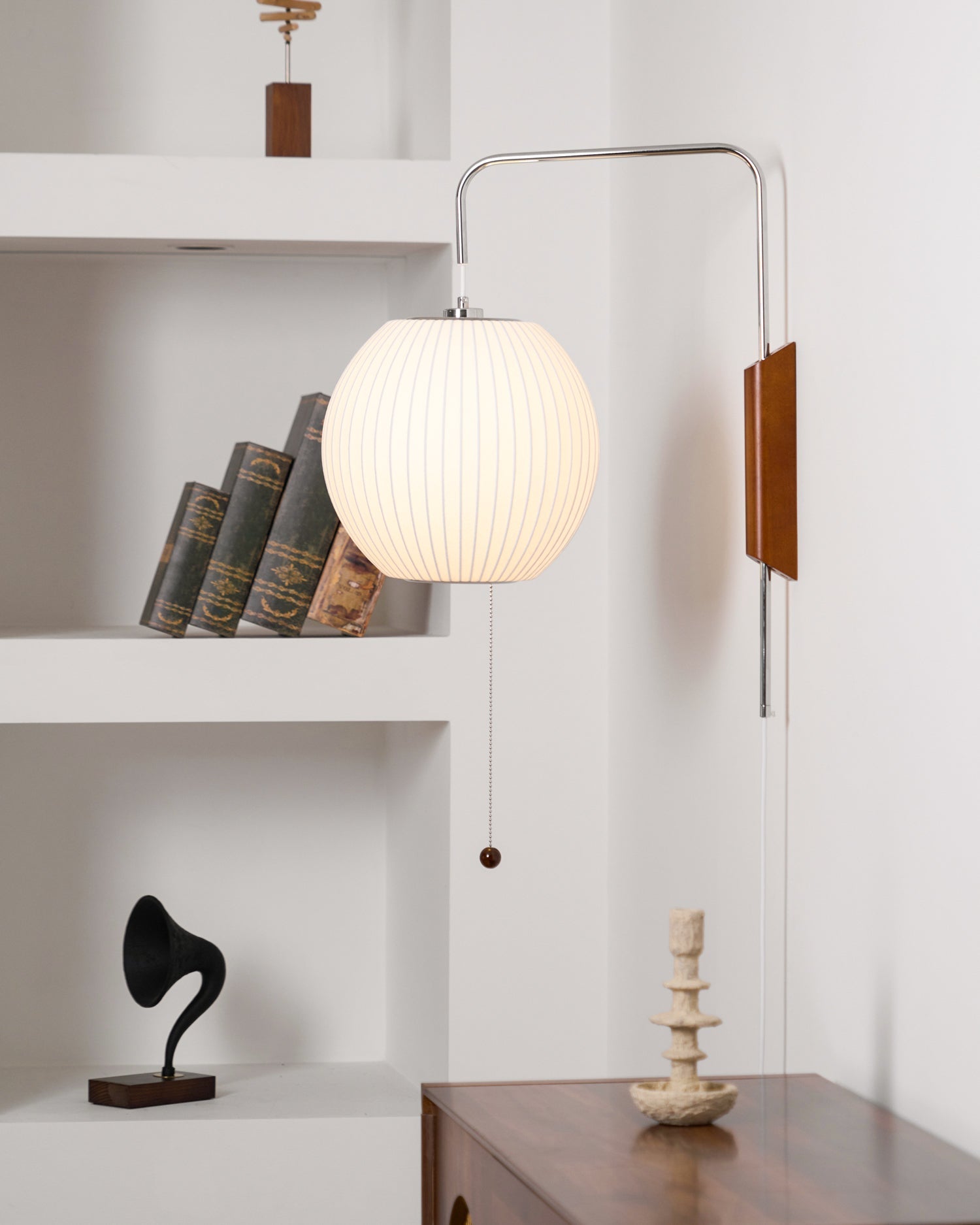 Wall Lamp Walnut Opal Shade 40.0 cm White Bedroom Living Room Plug In Reading Light Japandi Mid Century Accent Lighting | Thomler