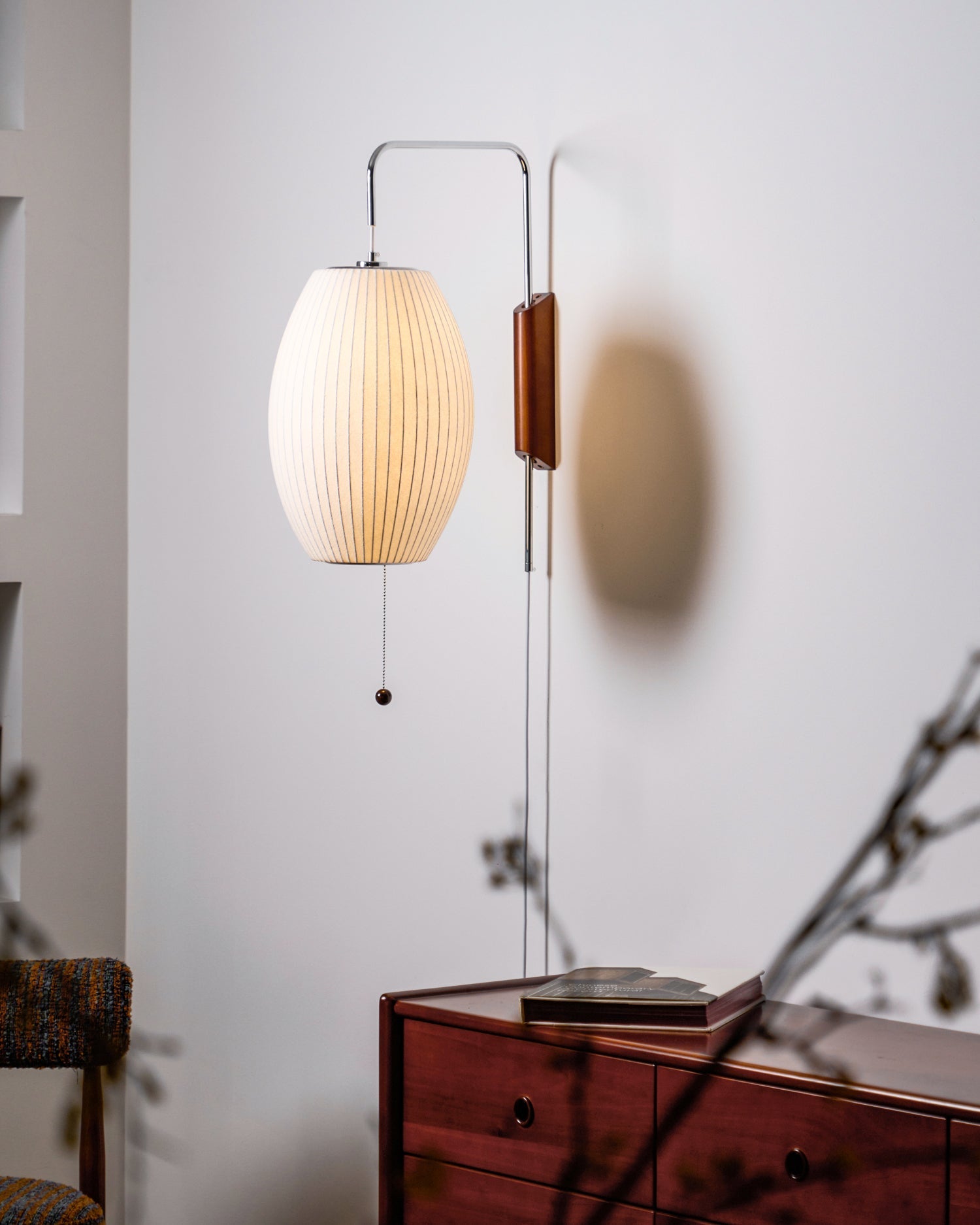 Wall Lamp Walnut Opal Shade 40.0 cm White Bedroom Living Room Plug In Reading Light Japandi Mid Century Accent Lighting | Thomler