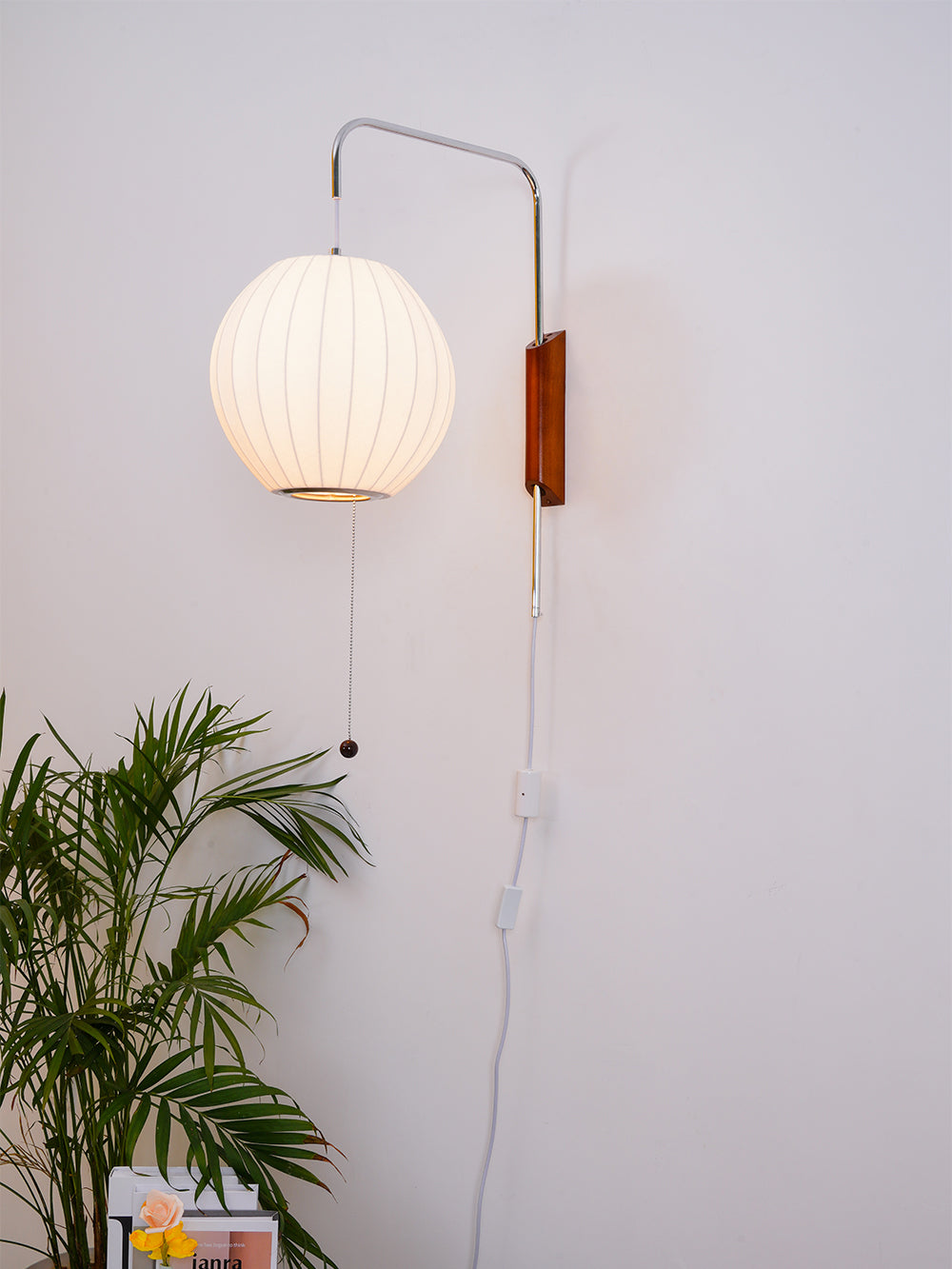 Wall Lamp Walnut Opal Shade 40.0 cm White Bedroom Living Room Plug In Reading Light Japandi Mid Century Accent Lighting | Thomler