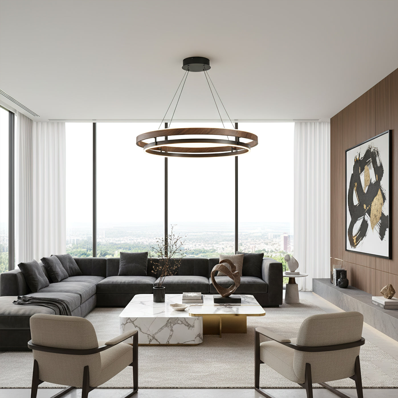 Chandelier Metal Double Ring 23.6 in LED Dining Room Modern Ceiling Light Fixture Adjustable Hanging | Thomler