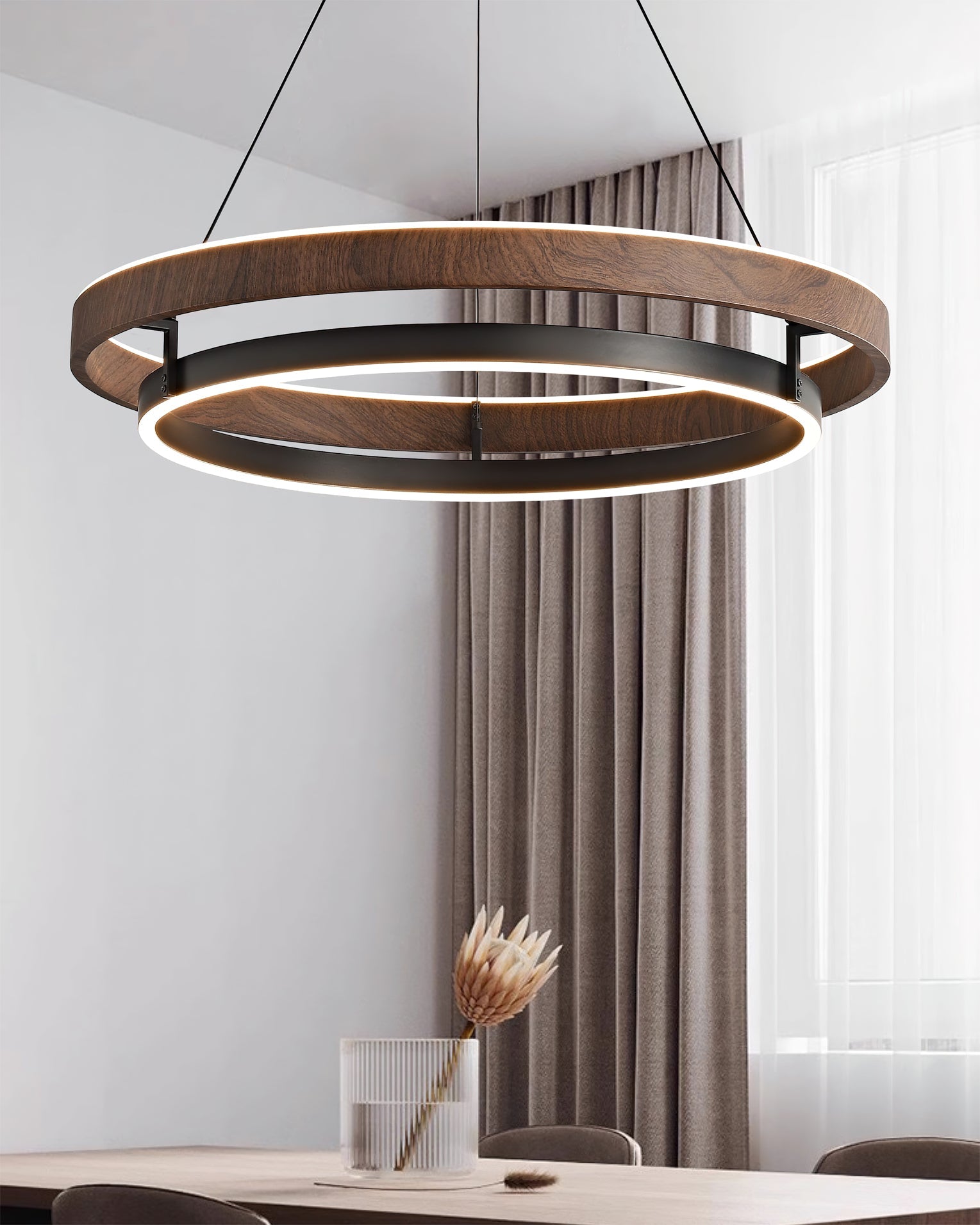 Chandelier Metal Double Ring 23.6 in LED Dining Room Modern Ceiling Light Fixture Adjustable Hanging | Thomler