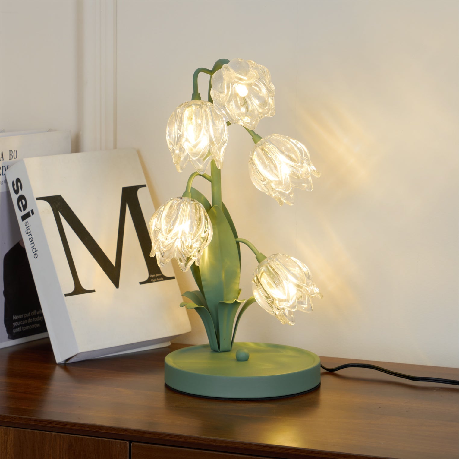 Table Lamp Glass Flower 7 in Decorative Green Indoor Bedroom Living Room Accent Lighting | Thomler