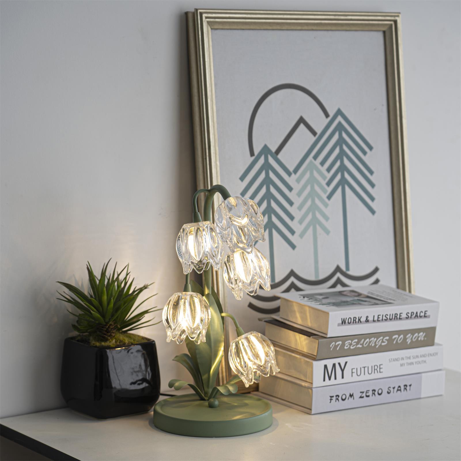 Table Lamp Glass Flower 7 in Decorative Green Indoor Bedroom Living Room Accent Lighting | Thomler