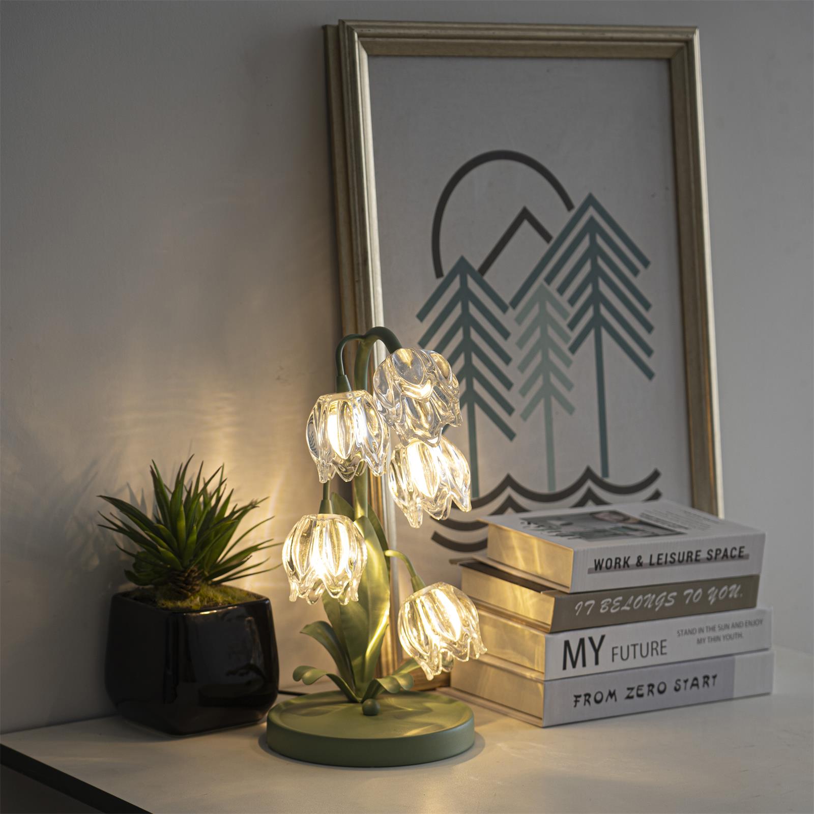 Table Lamp Glass Flower 7 in Decorative Green Indoor Bedroom Living Room Accent Lighting | Thomler
