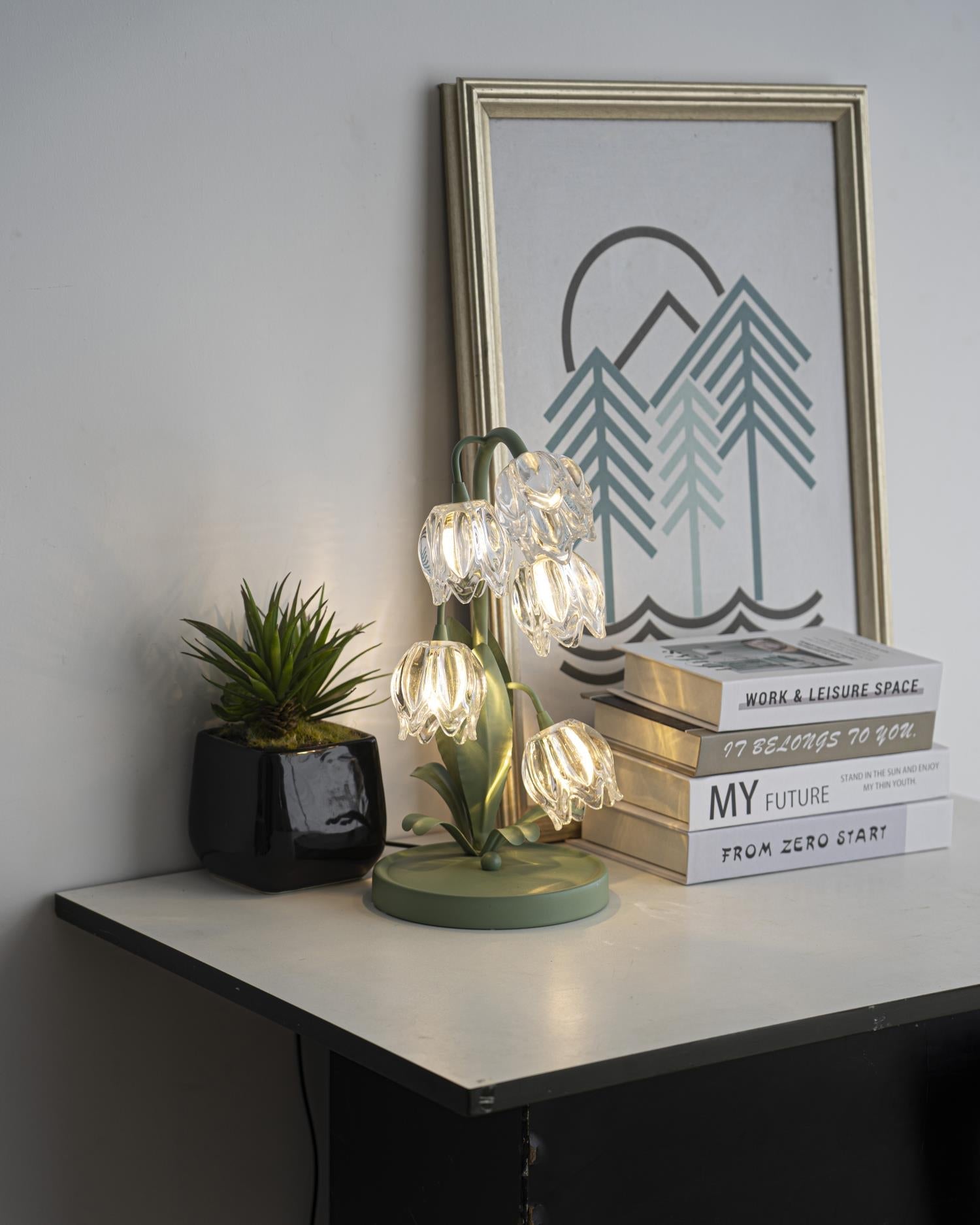 Table Lamp Glass Flower 7 in Decorative Green Indoor Bedroom Living Room Accent Lighting | Thomler