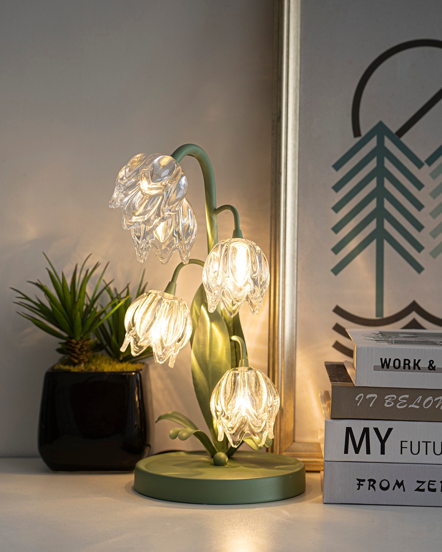 Table Lamp Glass Flower 7 in Decorative Green Indoor Bedroom Living Room Accent Lighting | Thomler