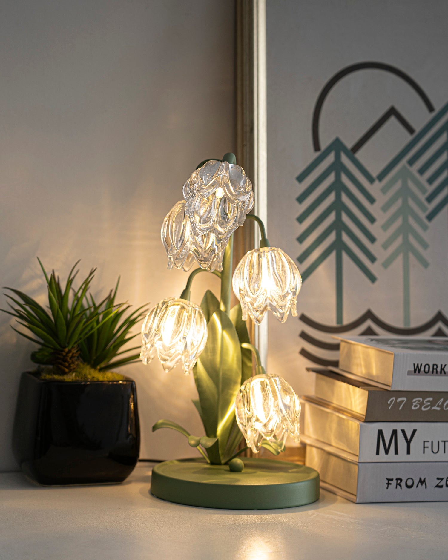 Table Lamp Glass Flower 7 in Decorative Green Indoor Bedroom Living Room Accent Lighting | Thomler