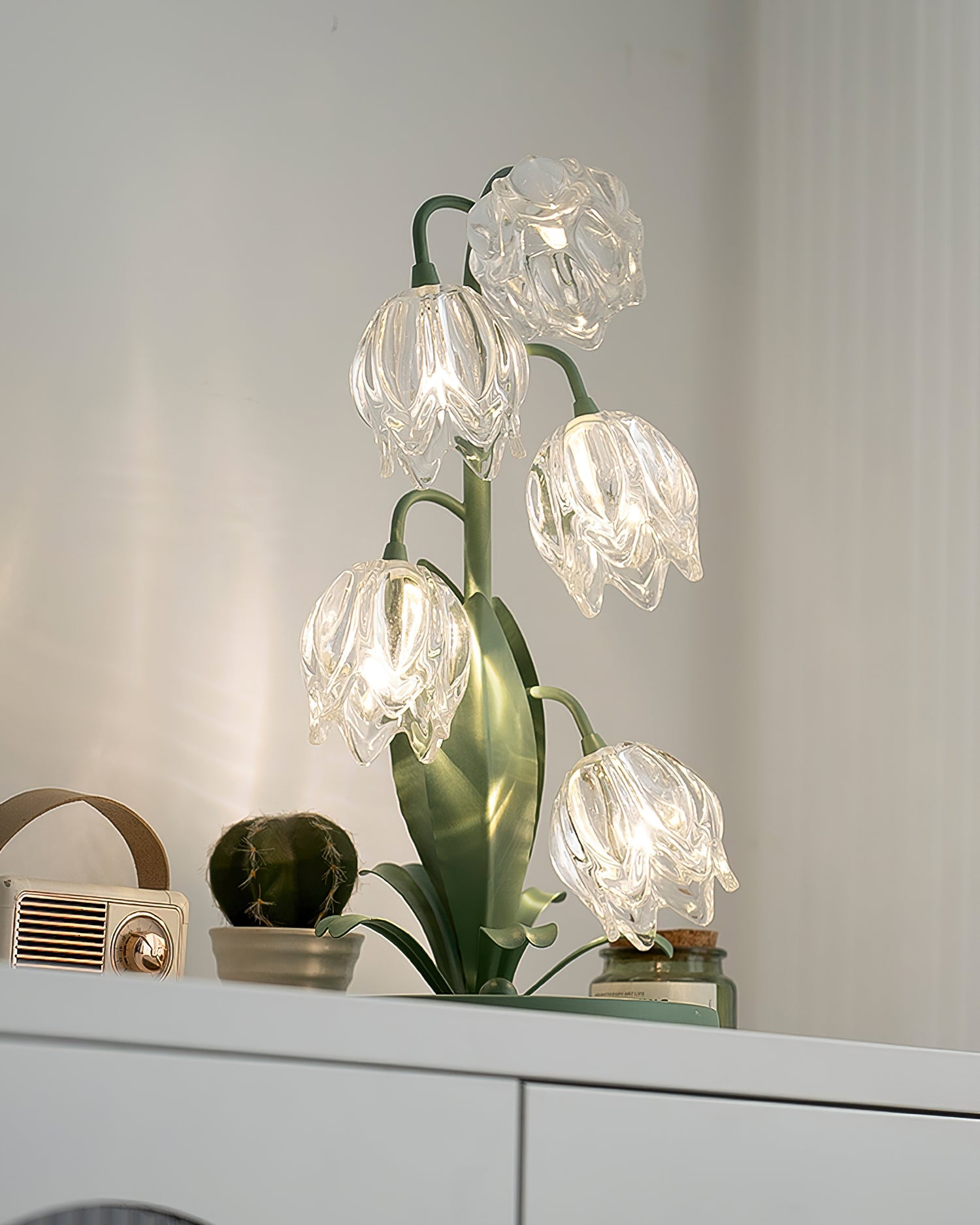 Table Lamp Glass Flower 7 in Decorative Green Indoor Bedroom Living Room Accent Lighting | Thomler