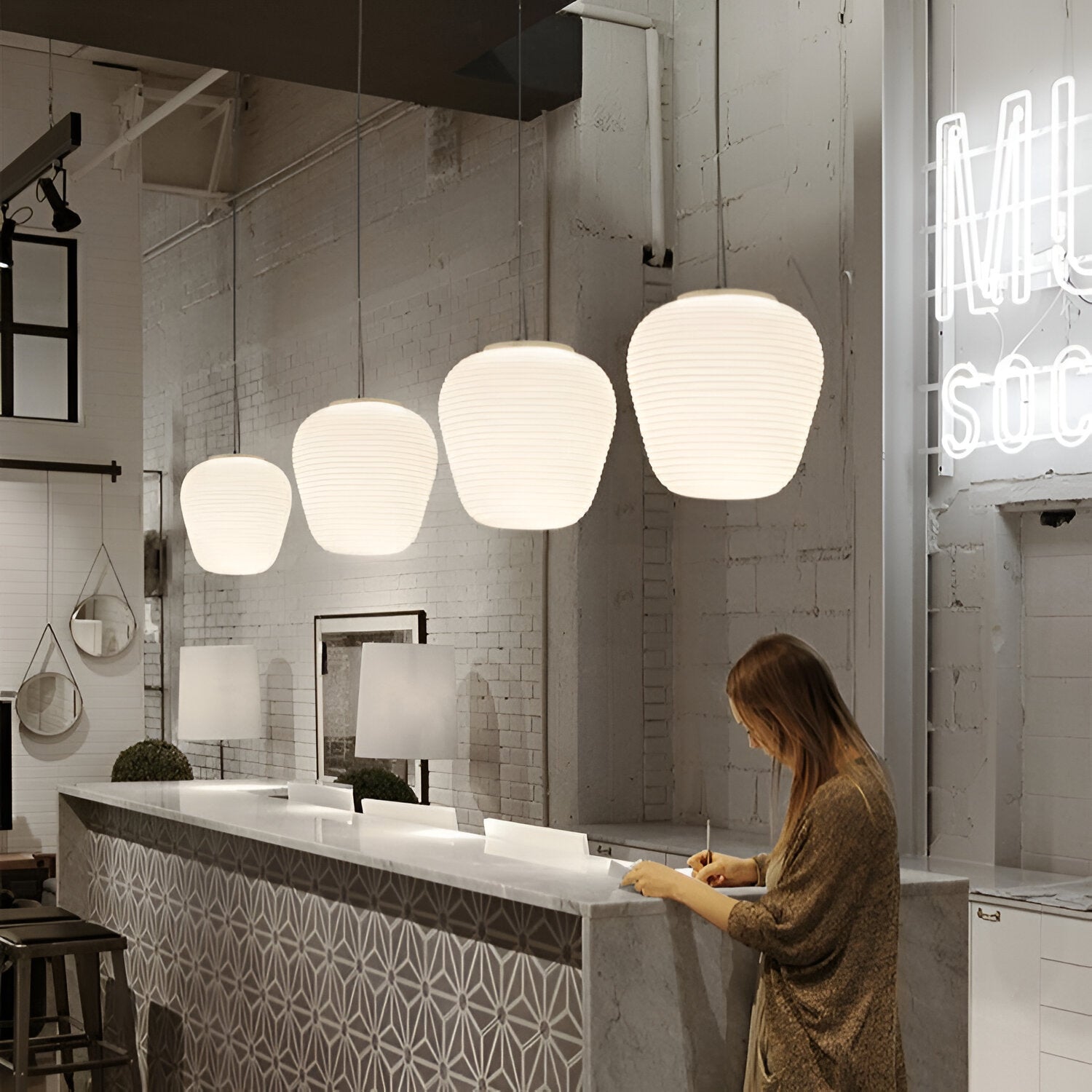 Opaline Pendant Light Ribbed Glass LED 13.4 in Adjustable Café Dining Room Hanging Lamp | Thomler
