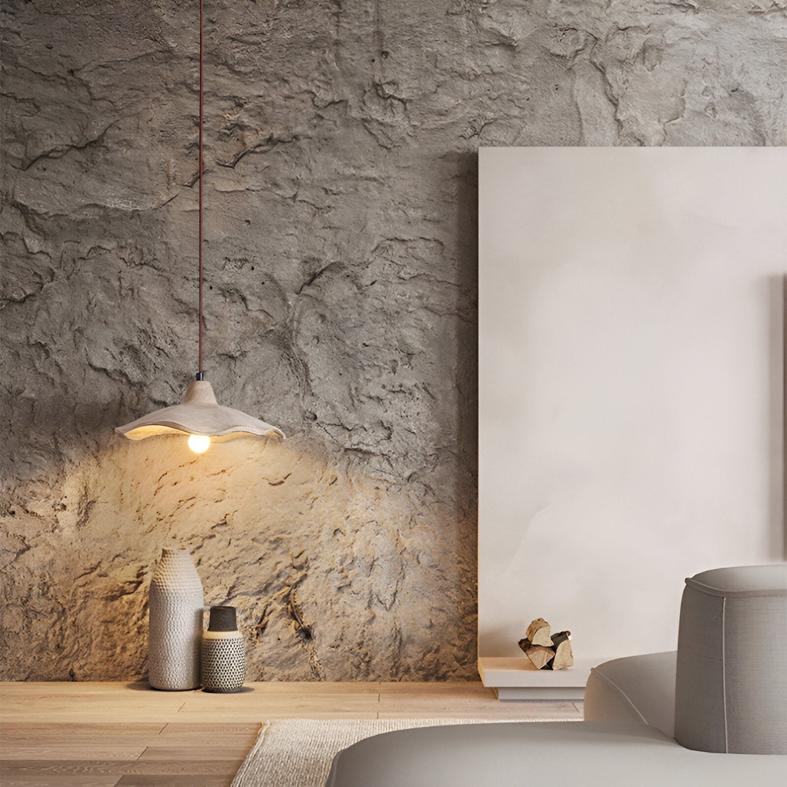 Pendant Light Cement 15.7 in Flower Shape Matte Dining Room Hanging Ceiling Lamp Wabi Sabi Japandi Minimalist Lighting Fixture | Thomler