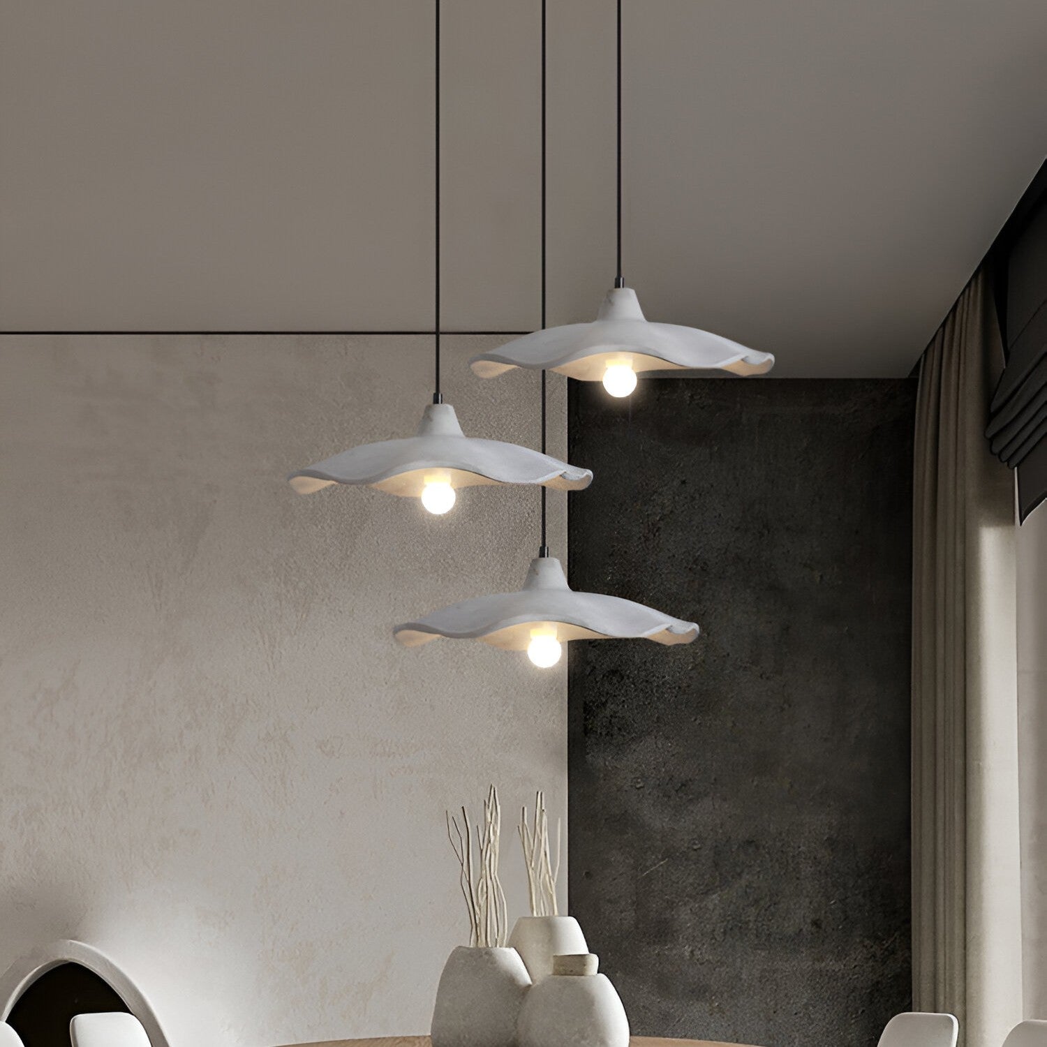 Pendant Light Cement 15.7 in Flower Shape Matte Dining Room Hanging Ceiling Lamp Wabi Sabi Japandi Minimalist Lighting Fixture | Thomler