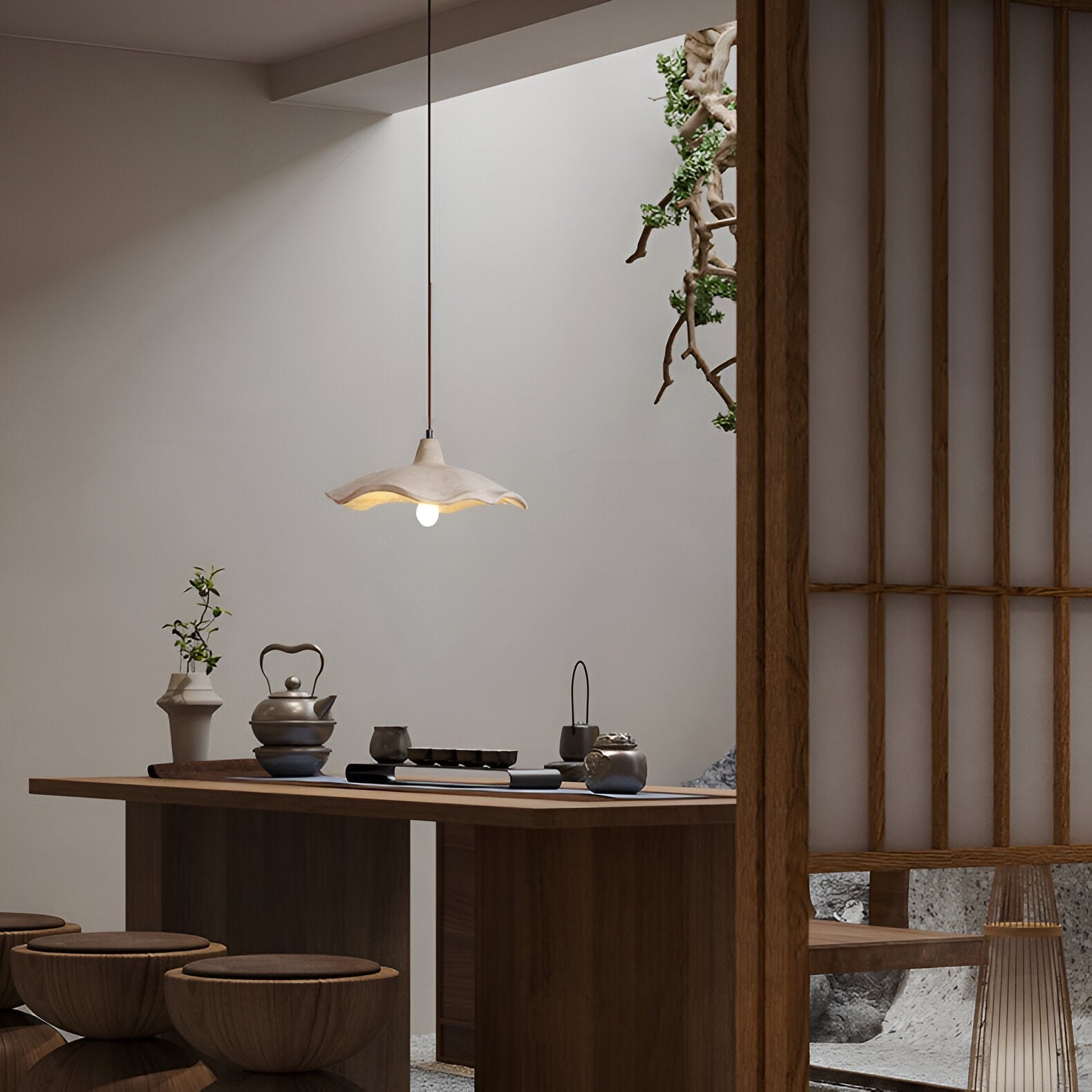 Pendant Light Cement 15.7 in Flower Shape Matte Dining Room Hanging Ceiling Lamp Wabi Sabi Japandi Minimalist Lighting Fixture | Thomler