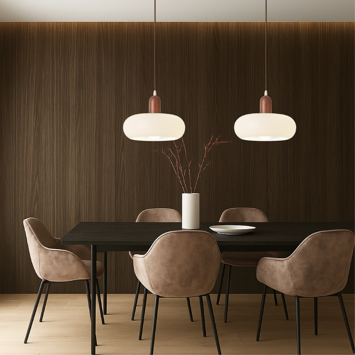 Adjustable Pendant Light – Wooden Glass Hanging Fixture, Cream Finish, Modern Scandinavian Dining Room Lighting | Thomler
