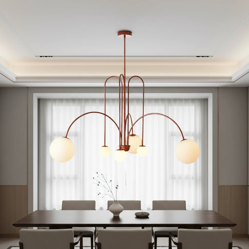 Contemporary Frosted Globe Chandelier with Curved Metal Arms – Modern Statement Lighting for Dining Room & Entryway | Thomler