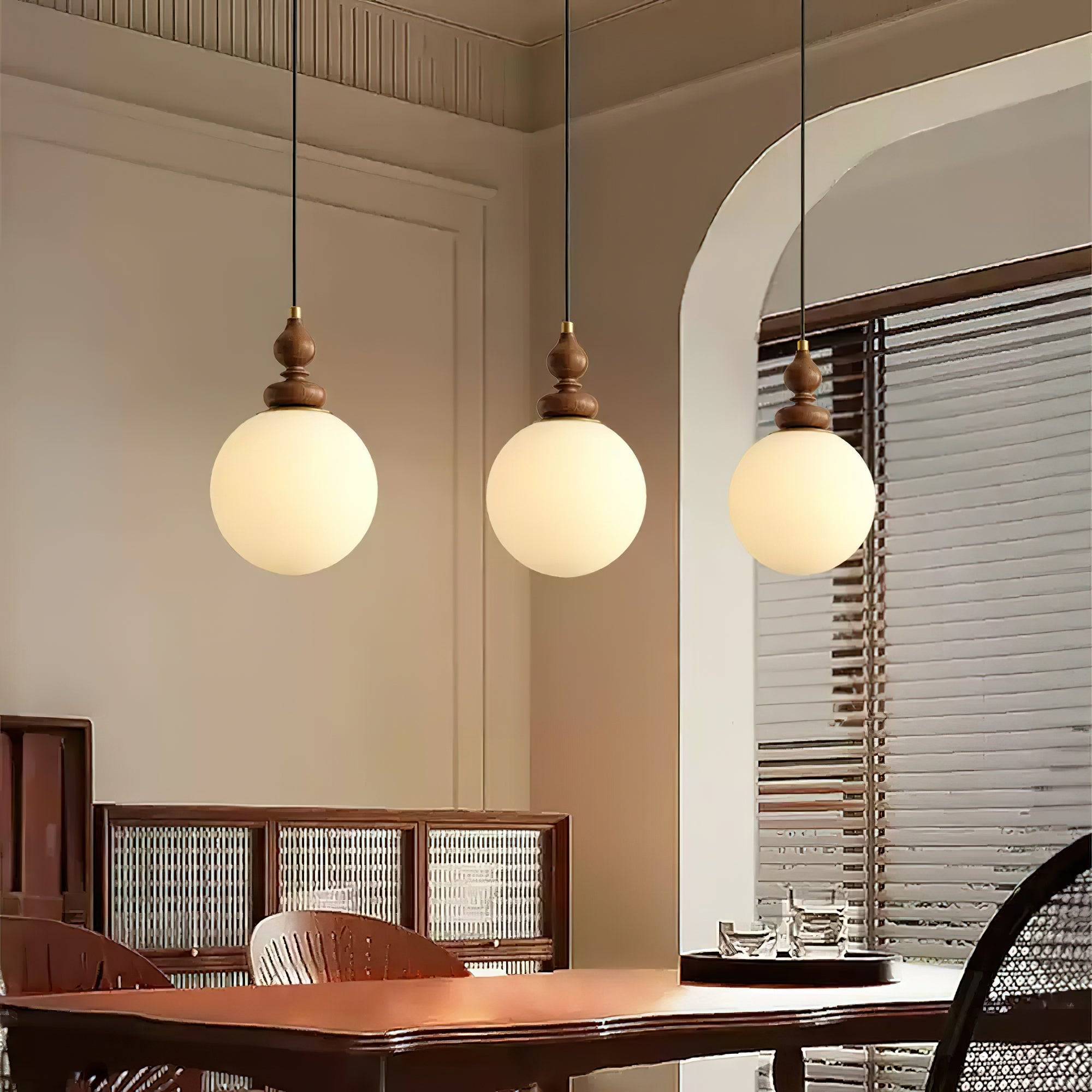 Pendant Light Wood 7.1 in Diameter Milky White Glass Adjustable Ceiling Dining Room Bedroom Lighting | Thomler