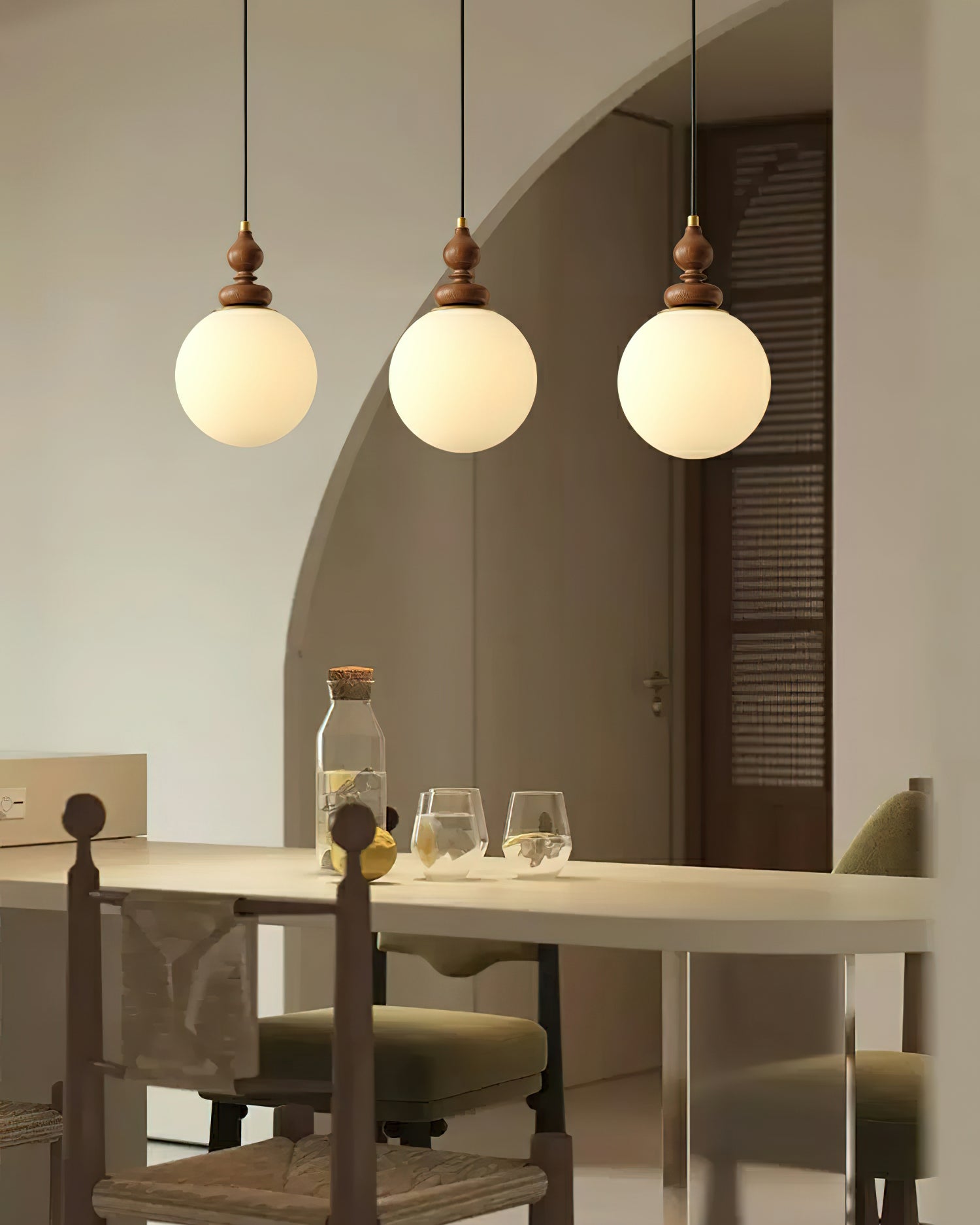 Pendant Light Wood 7.1 in Diameter Milky White Glass Adjustable Ceiling Dining Room Bedroom Lighting | Thomler