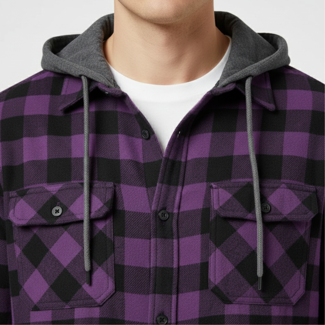 Hooded Plaid Flannel Button-Down Shirt for Men – Long Sleeve Cotton Blend with Double Pockets for Spring Fall Casual Wear | Thomler