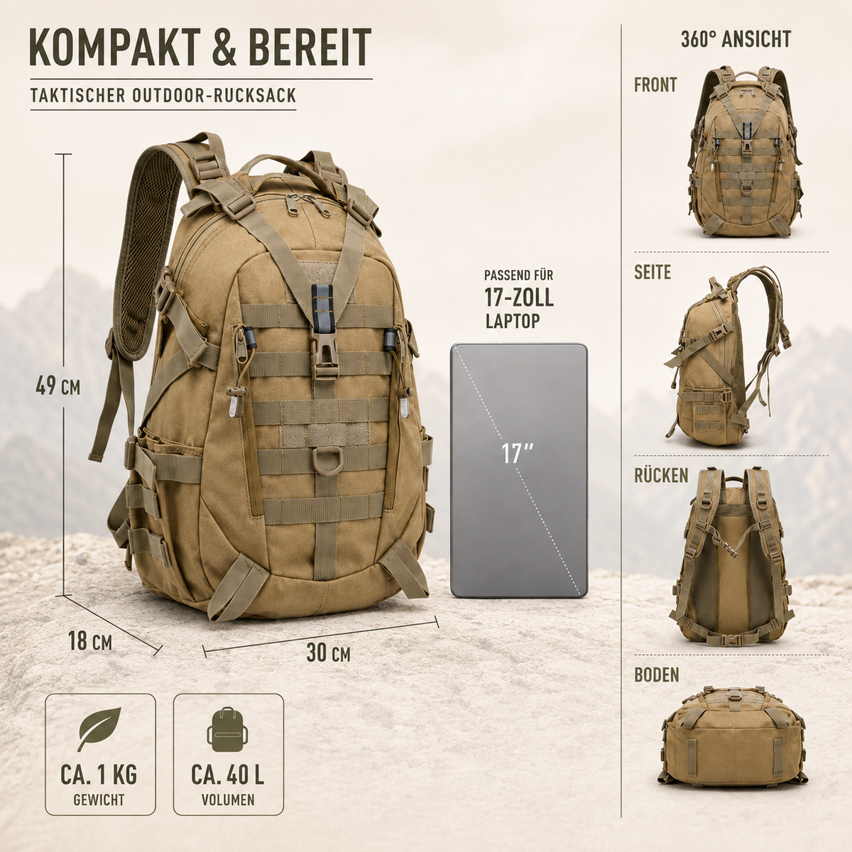 40L Tactical Backpack with Laptop Sleeve & MOLLE Webbing – Waterproof Hiking Daypack for Camping, Travel & Outdoor Adventures | Thomler