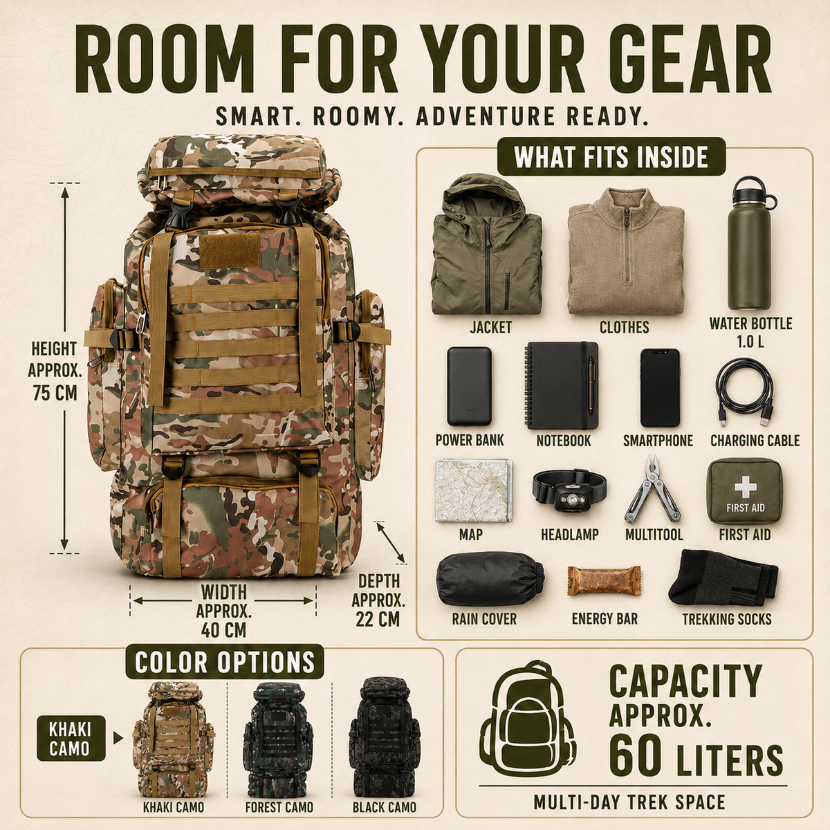 80L Expedition Hiking Backpack – Tactical Multi-Day Trekking Pack with MOLLE Webbing & Padded Straps for Camping & Travel | Thomler