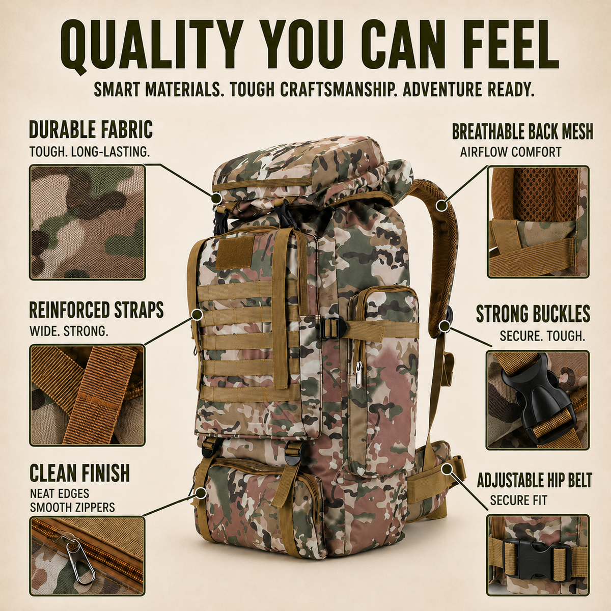 80L Expedition Hiking Backpack – Tactical Multi-Day Trekking Pack with MOLLE Webbing & Padded Straps for Camping & Travel | Thomler