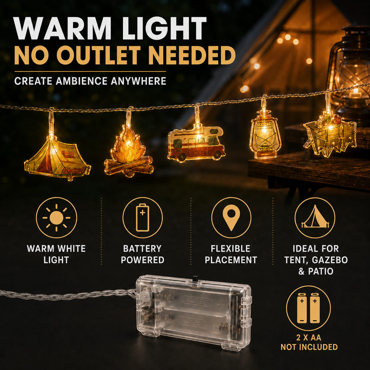 Camping-Themed LED Fairy Lights – Battery-Powered Indoor Outdoor String Lights with Tent, Campfire & Lantern Icons for Patio, Backyard & | Thomler