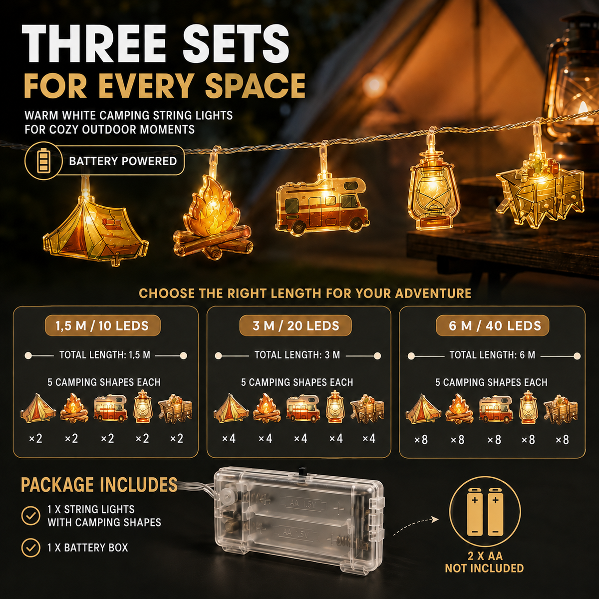 Camping-Themed LED Fairy Lights – Battery-Powered Indoor Outdoor String Lights with Tent, Campfire & Lantern Icons for Patio, Backyard & | Thomler