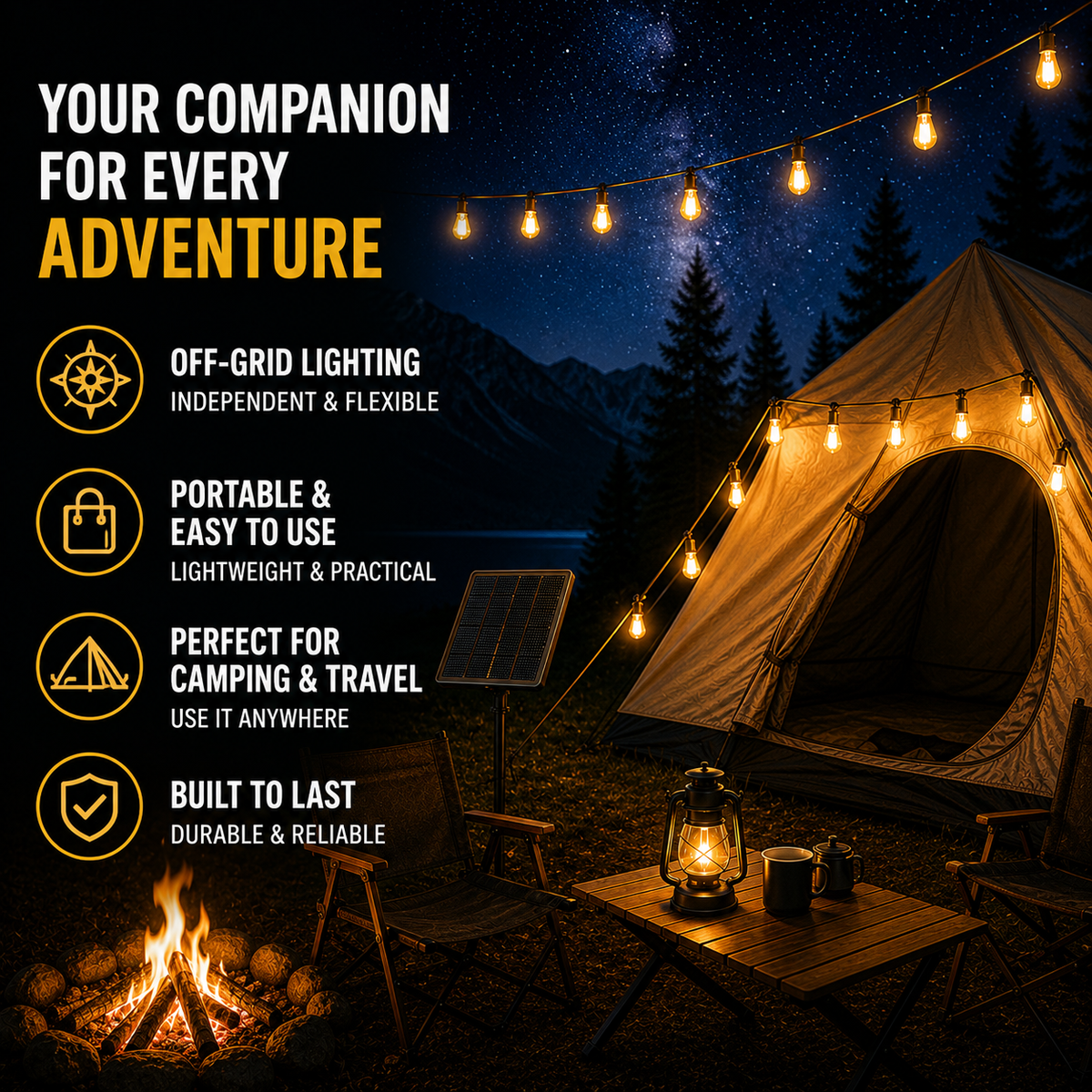 Solar-Powered Outdoor String Lights with Edison Bulbs for Camping, Patio & Garden – 33 ft Waterproof LED Decor | Thomler
