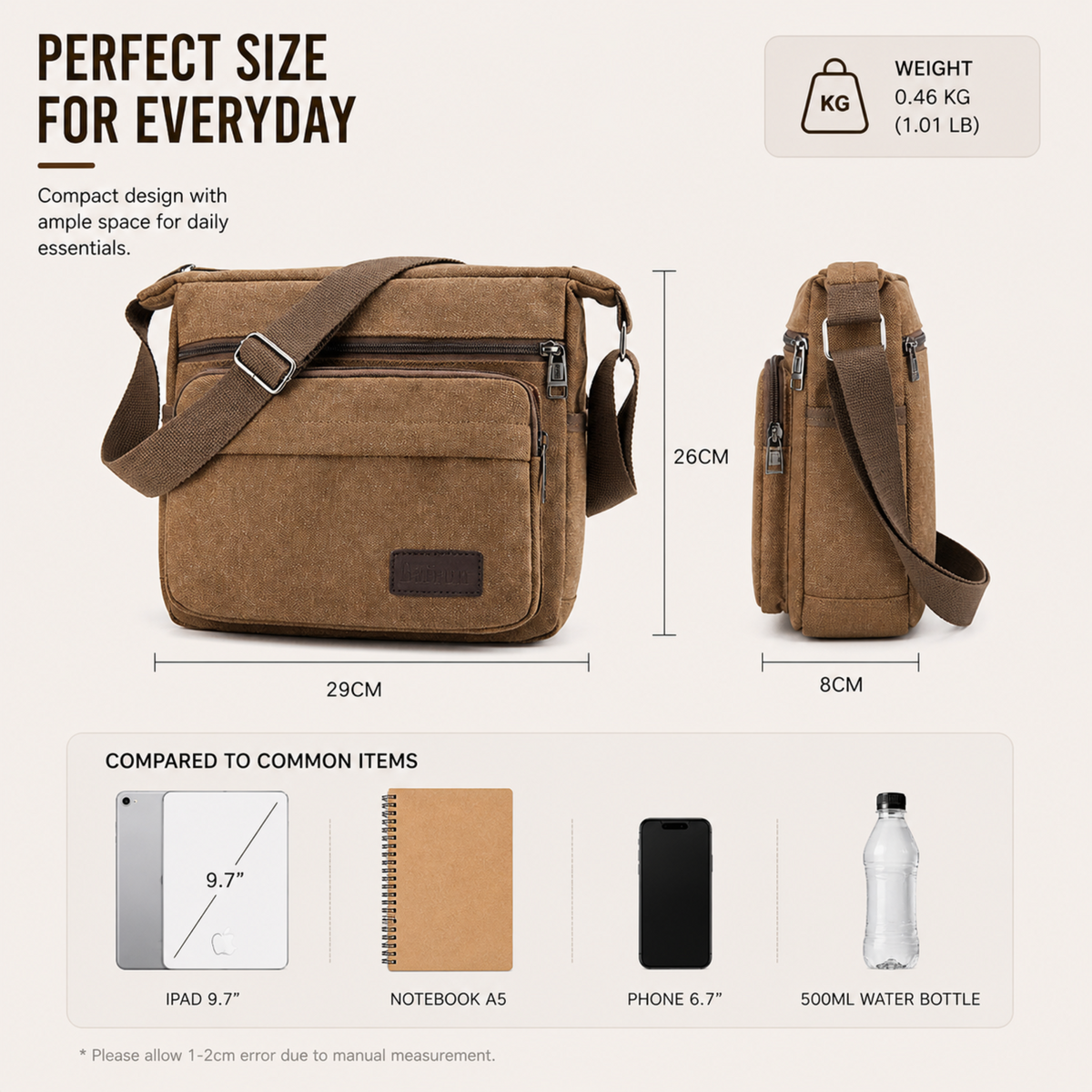 Canvas Crossbody Satchel - Adjustable Strap Shoulder Bag with Zip Pockets for Daily Carry, Work & Travel | Thomler